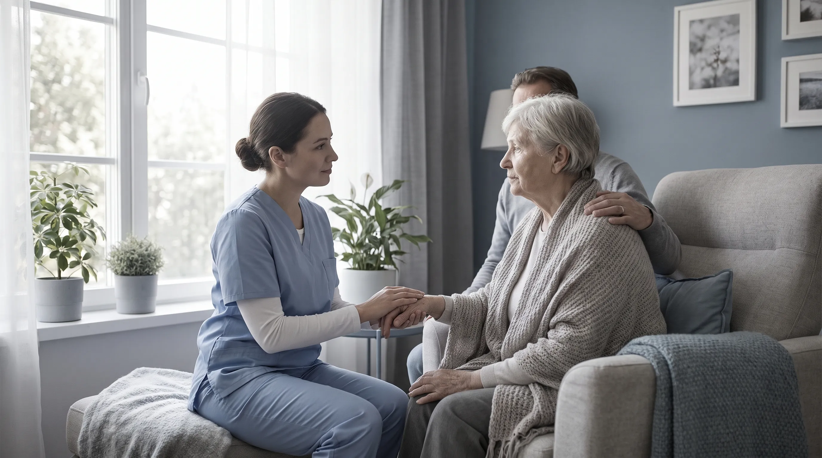 A peaceful palliative care setting showing a healthcare professional providing compassionate support to a patient and family
