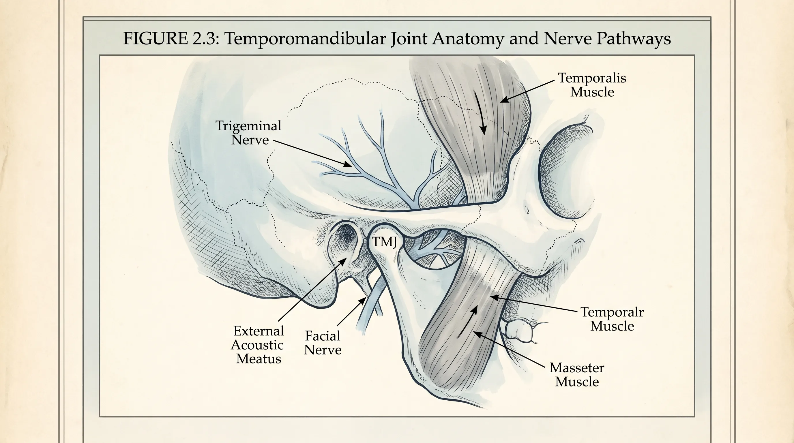 Anatomical illustration showing the temporomandibular joint positioned near the ear canal, highlighting nerve pathways and muscular connections in soft blue and gray tones, medical textbook style, 4:3 ratio
