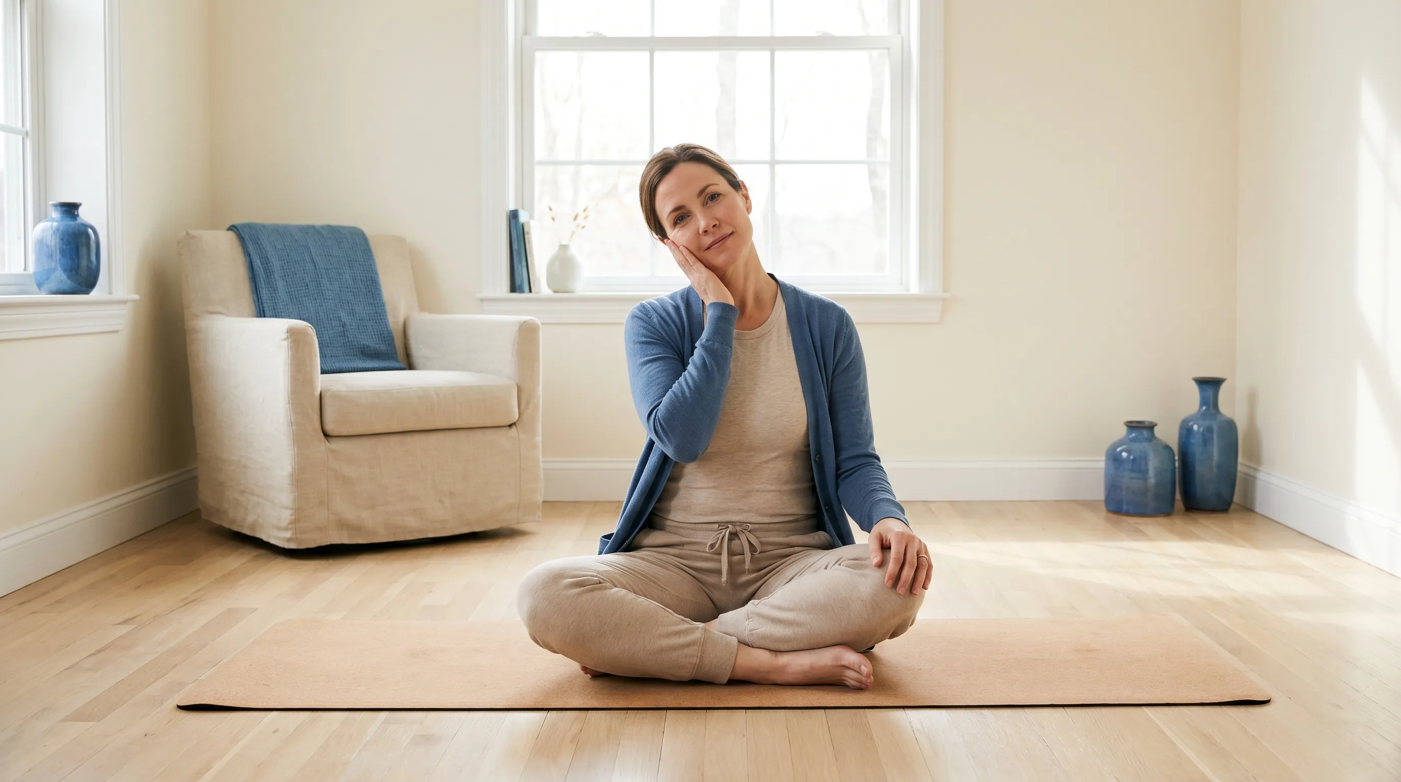 A calm wellness scene featuring an adult practicing gentle jaw stretching and neck alignment exercises on a yoga mat in a bright, minimalist therapy room, neutral tones with blue accents, lifestyle photography, 4:3 ratio