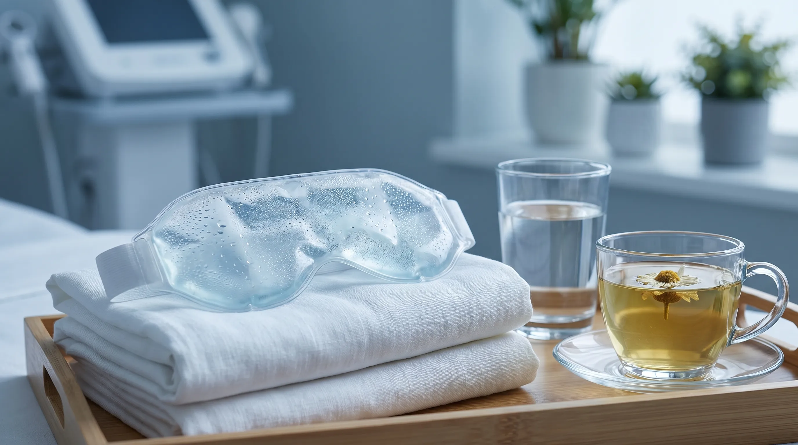 A person gently resting a soft, clean cloth-wrapped cold pack over closed eyes in a calm, naturally lit environment