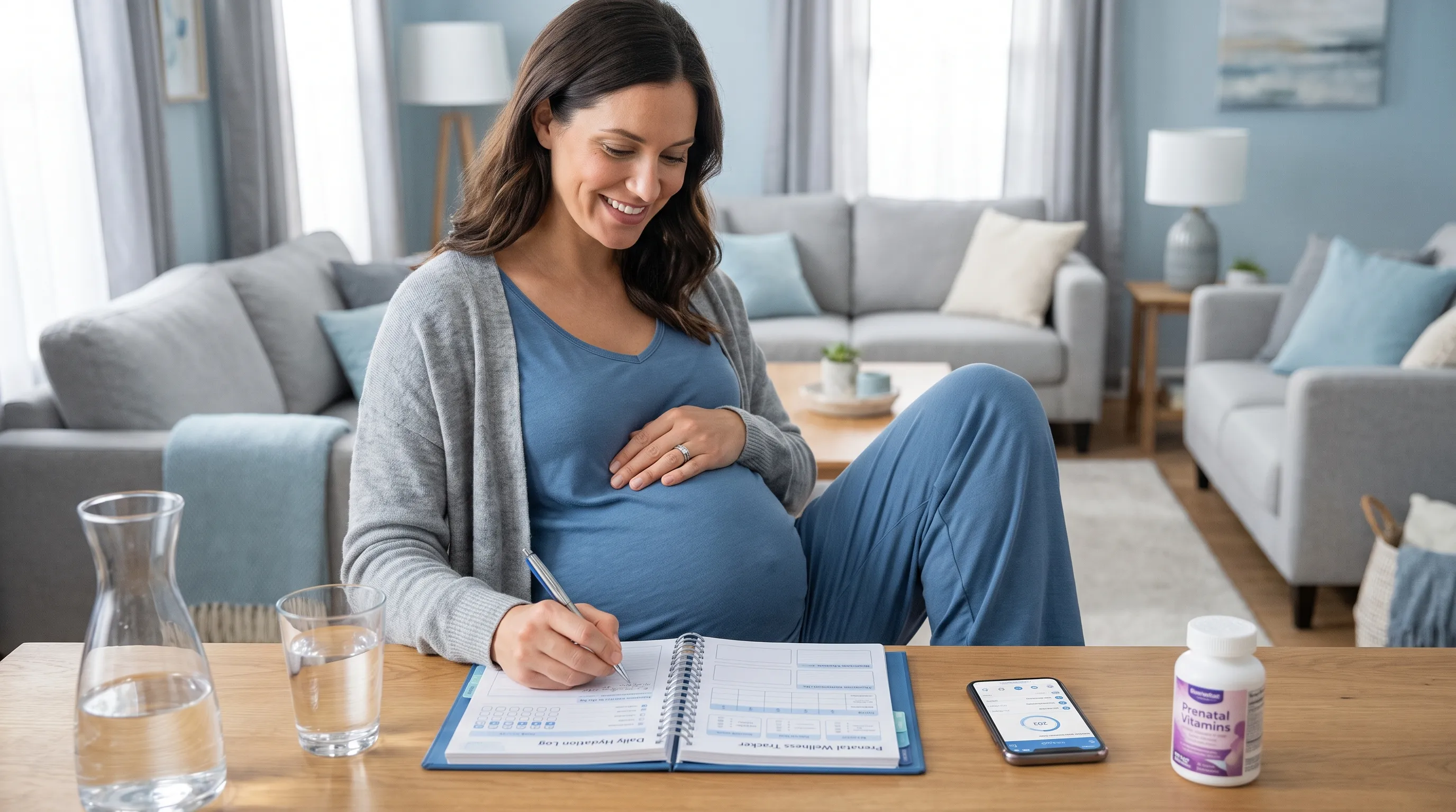 A detailed medical lifestyle photo showing a pregnant woman tracking hydration and prenatal wellness with a structured water journal, soft natural lighting, blue and gray aesthetic