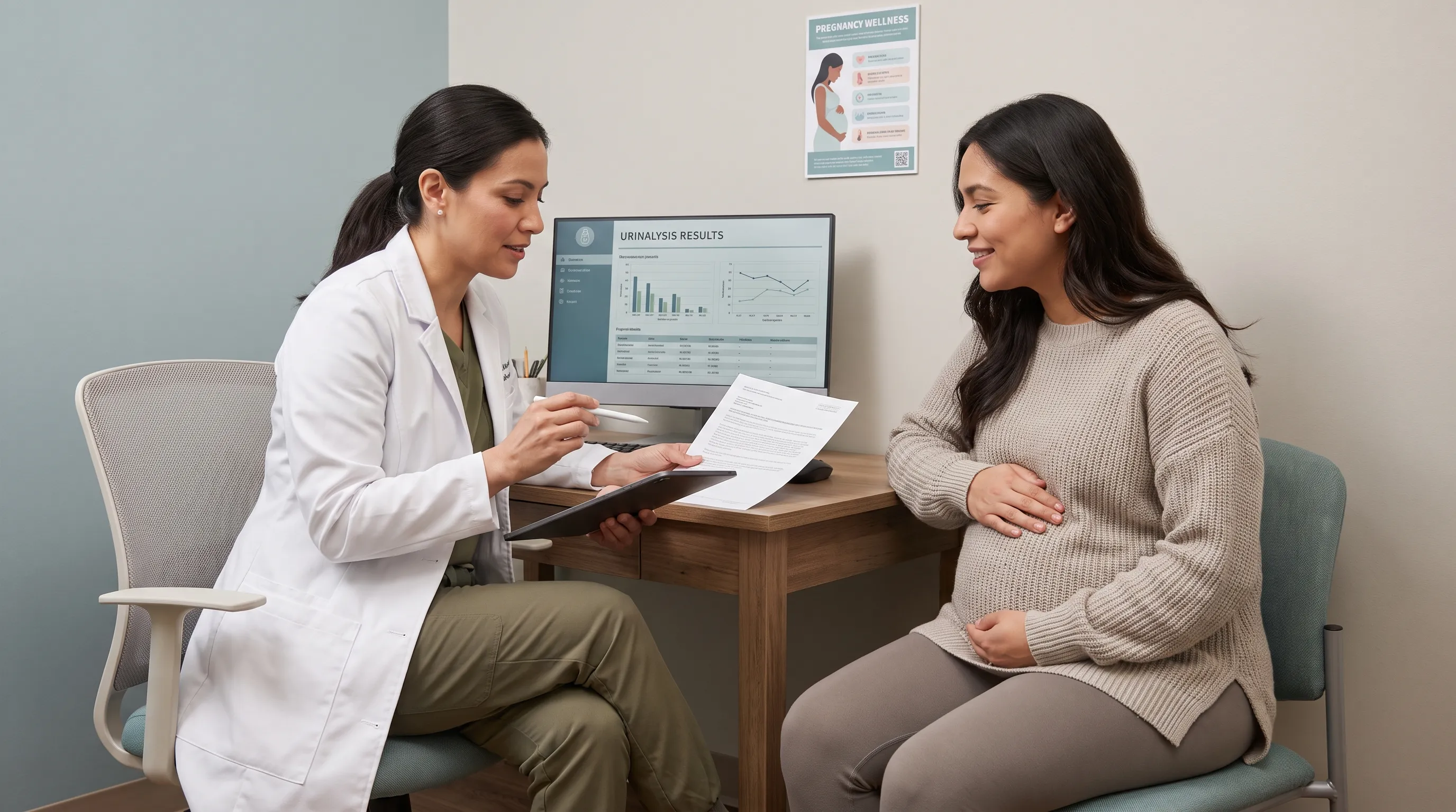 A clinical yet reassuring lifestyle scene of a prenatal healthcare professional reviewing a urinalysis report with a pregnant patient, emphasizing education and calm consultation, muted tones