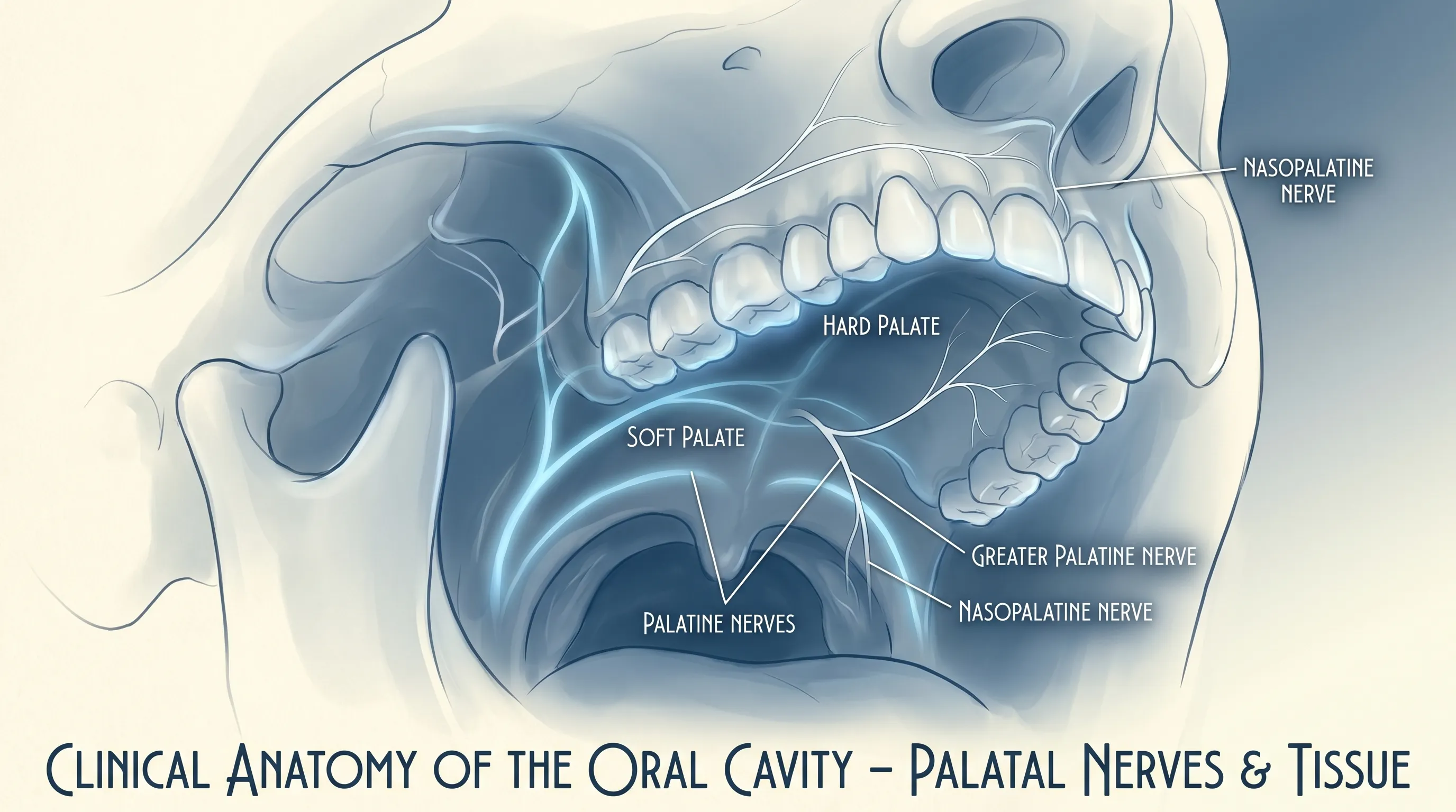 clinical medical illustration of the human oral cavity with highlighted palatal tissue and nerve pathways, soft blue and white color palette, professional anatomical style