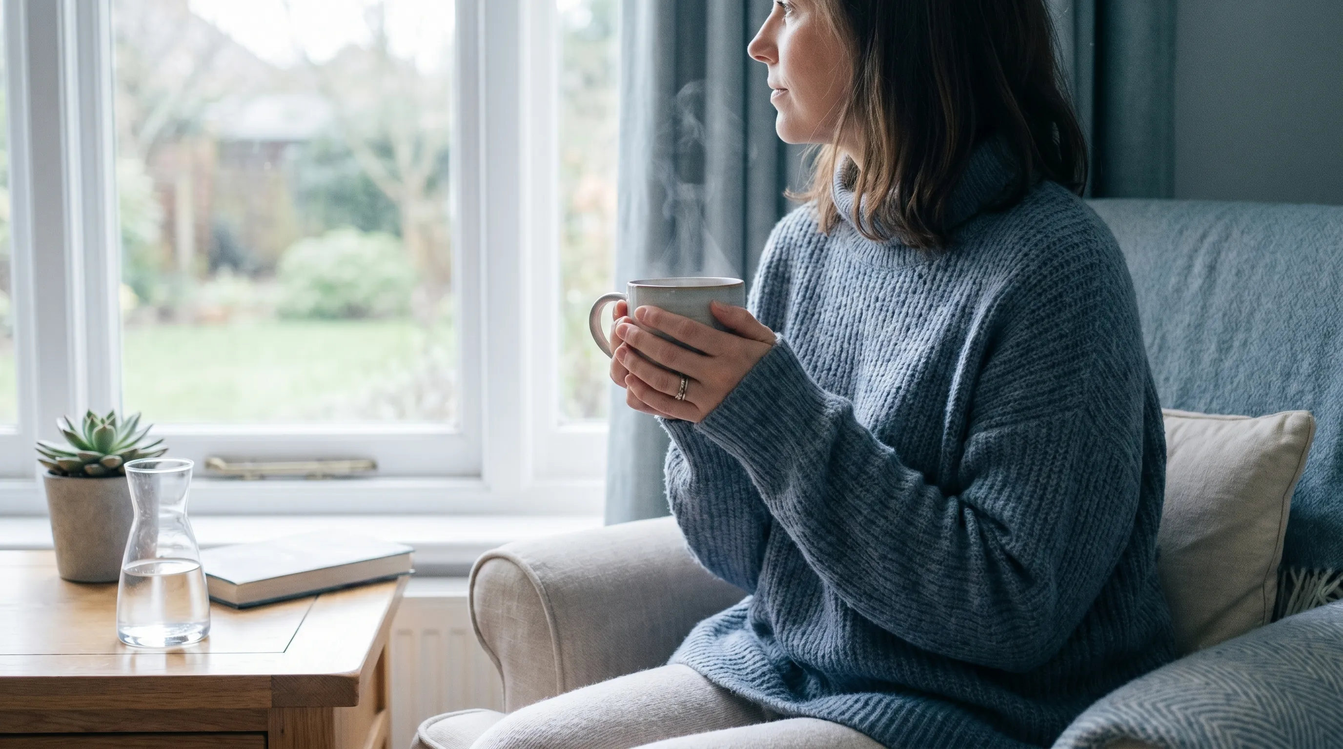 peaceful wellness lifestyle scene showing a person drinking warm herbal tea near a window, natural daylight, muted blue and gray tones, focused on oral hydration and self-care