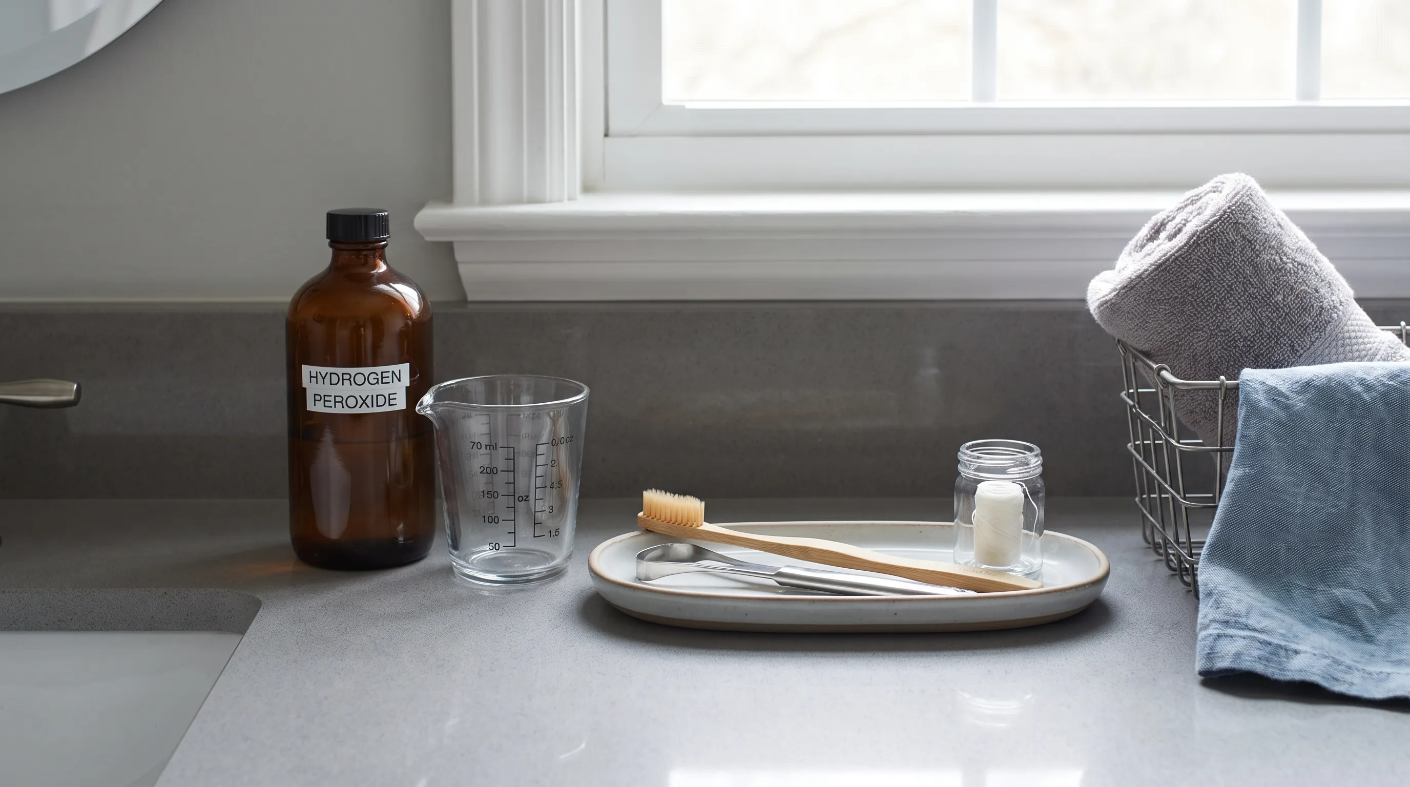 Clean bathroom countertop with peroxide bottle, measuring cup, and dental tools