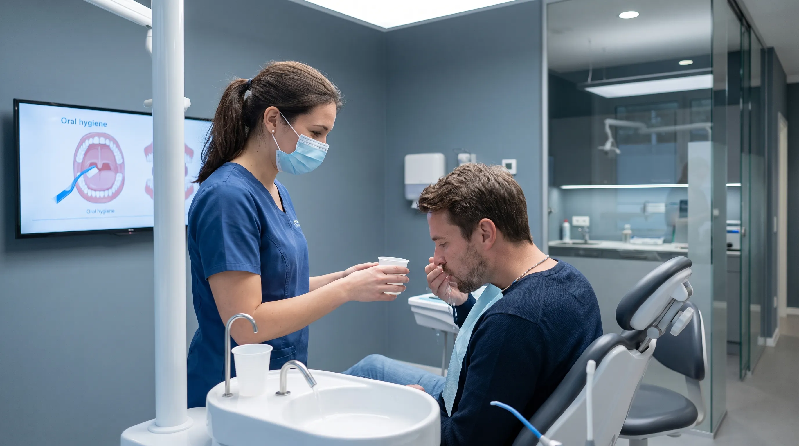 Dental professional explaining oral care to patient in clinical setting