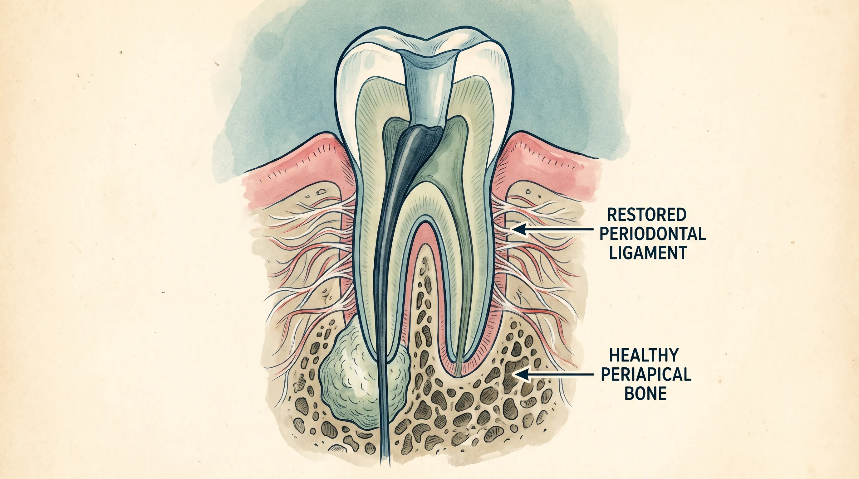 A close-up medical illustration of a healed tooth cross-section showing restored periodontal ligament fibers and healthy periapical bone after endodontic therapy