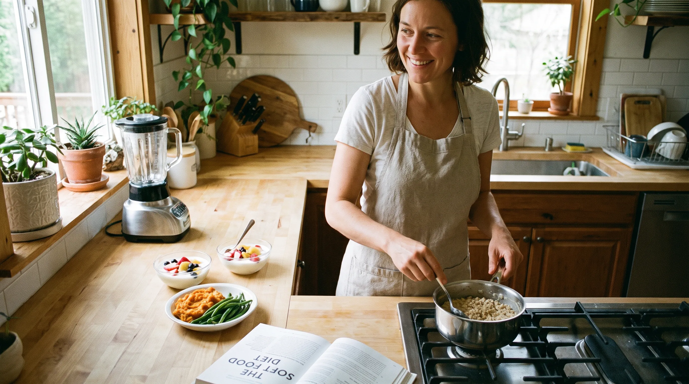 A lifestyle photo of a person preparing a soft food diet at home with oatmeal, yogurt, and mashed vegetables on a clean kitchen counter