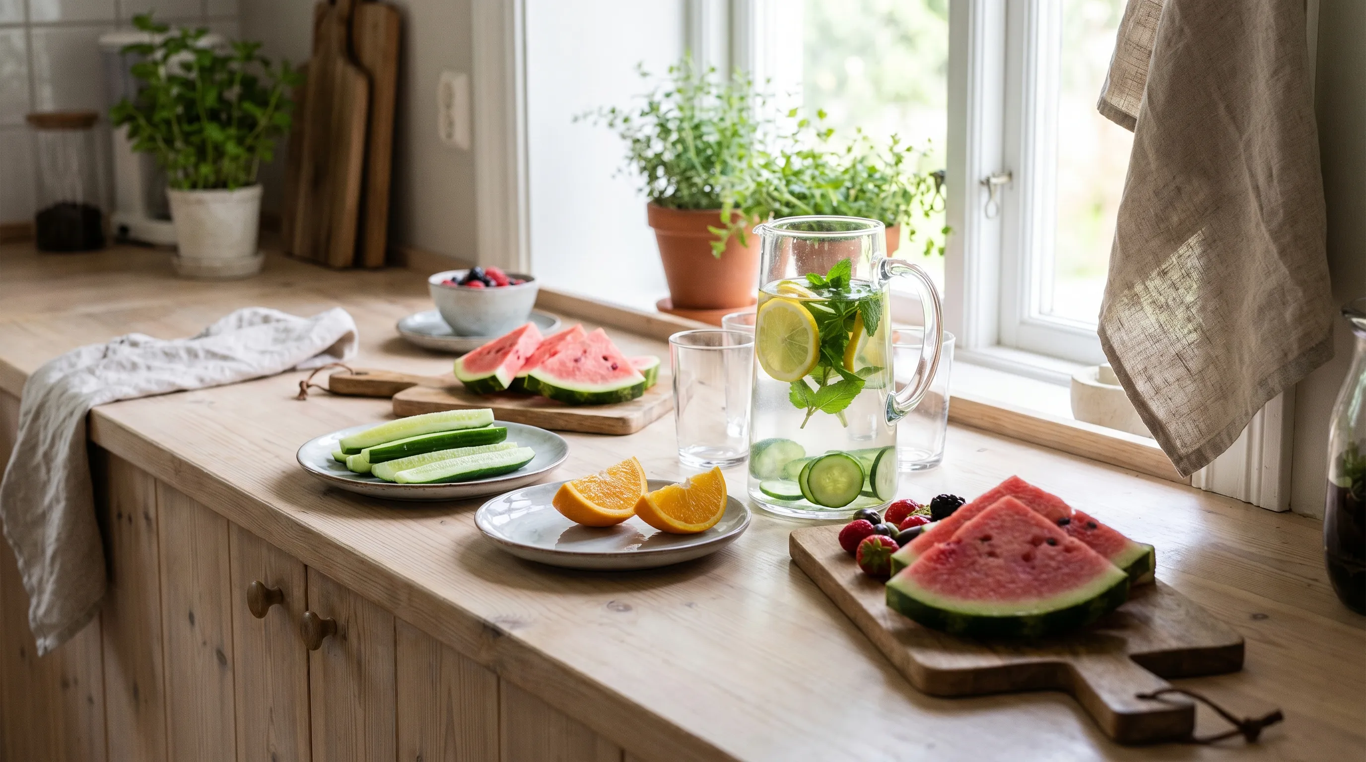 Bright, clean kitchen counter displaying various hydrating foods and beverages, including fresh fruits and electrolyte drinks, arranged for wellness education