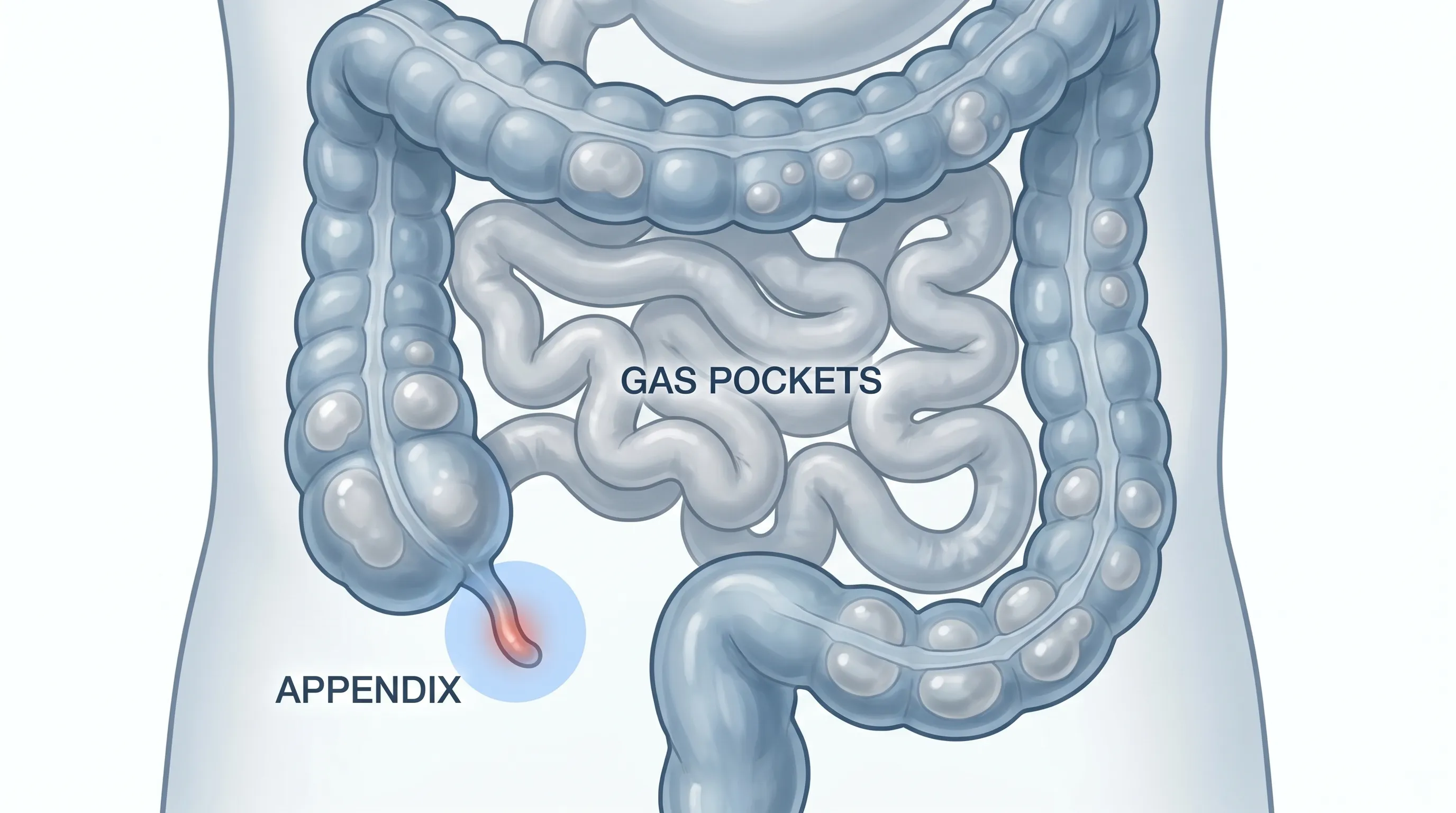 Medical illustration of the human lower digestive tract highlighting the appendix and intestinal gas pockets, clean clinical style, soft blue and gray tones, 4:3 ratio