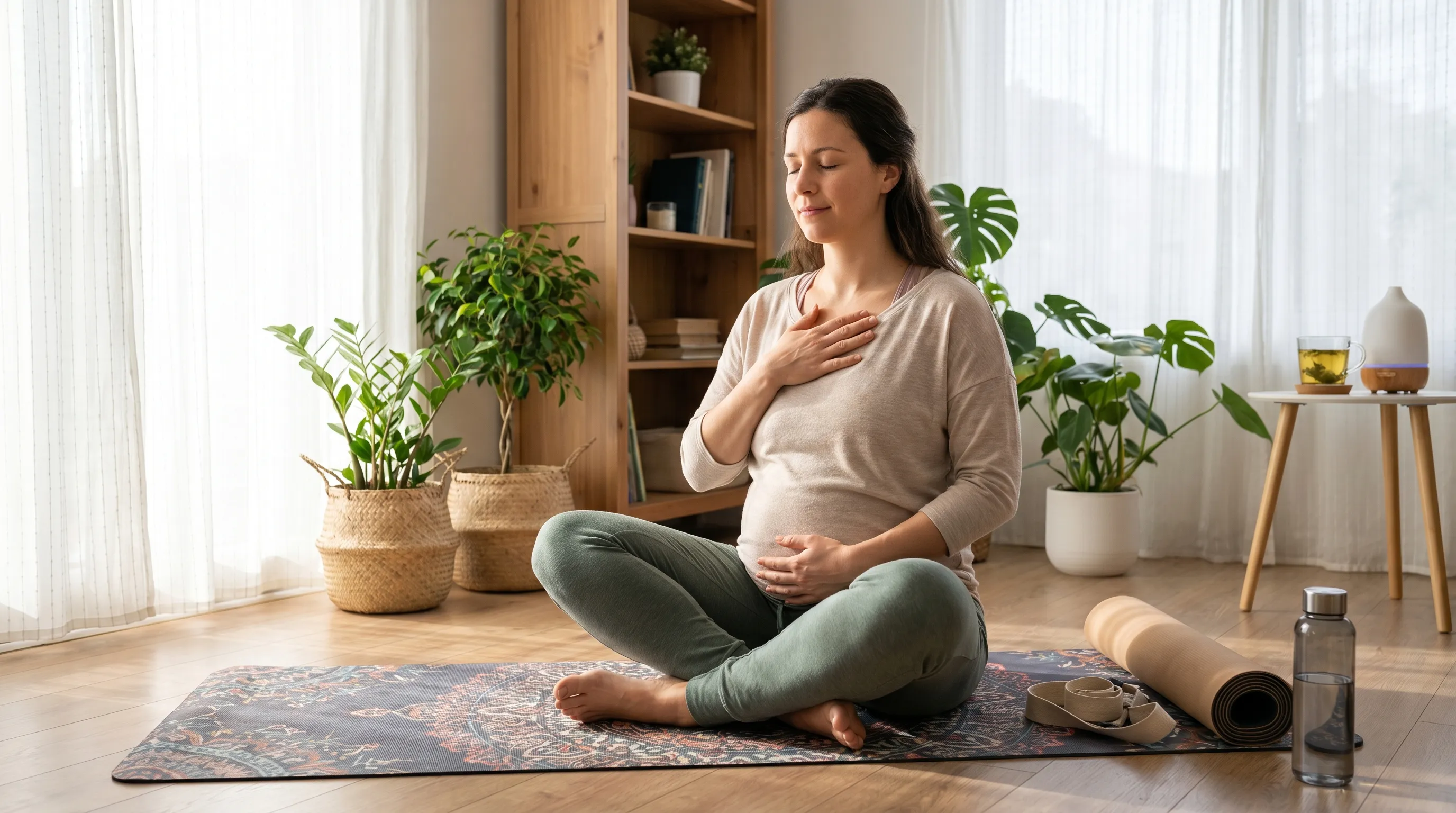 Person practicing mindful abdominal breathing and gentle stretching on a yoga mat at home, calming atmosphere, natural lighting, health and wellness theme, 4:3 ratio
