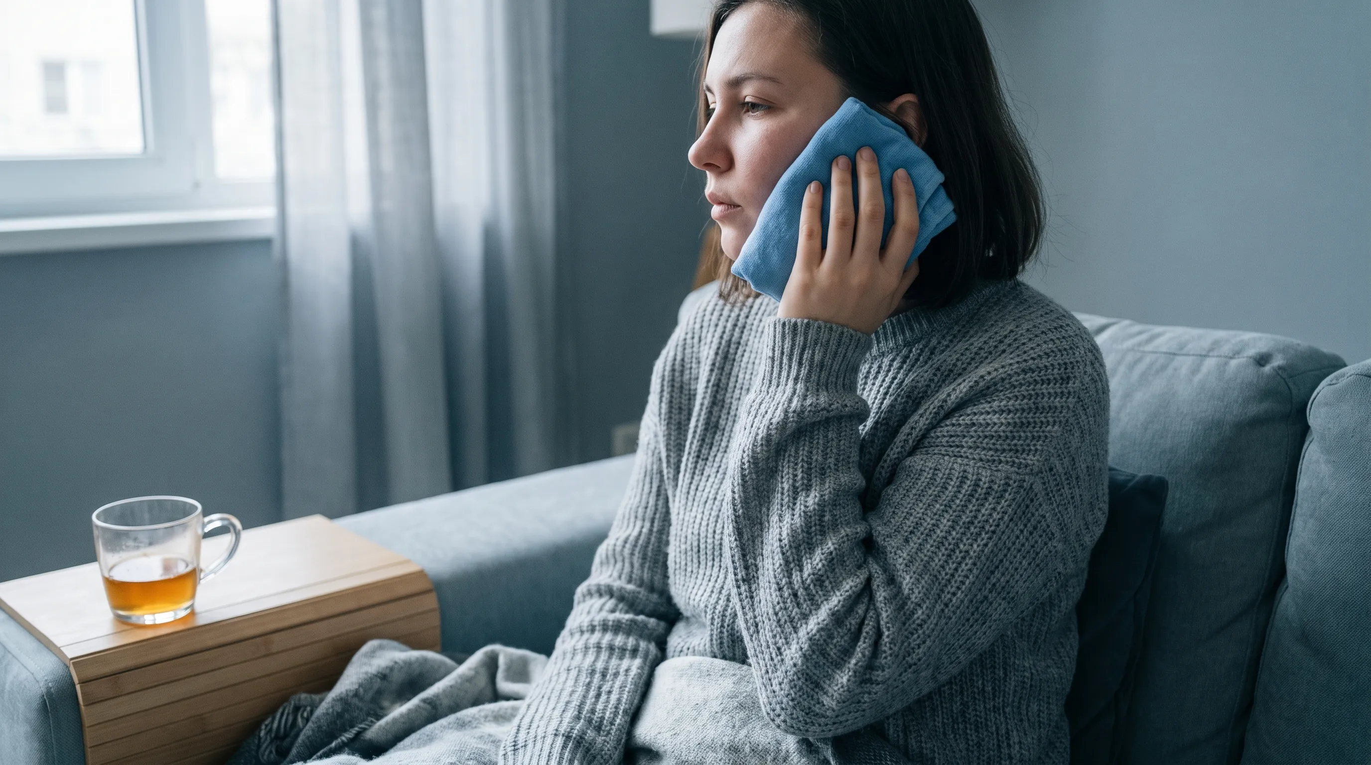A patient carefully applying a cloth-wrapped ice pack to their cheek after oral surgery, soft natural lighting, calm home recovery setting, medical lifestyle photography, gray and blue tones, 4:3 ratio