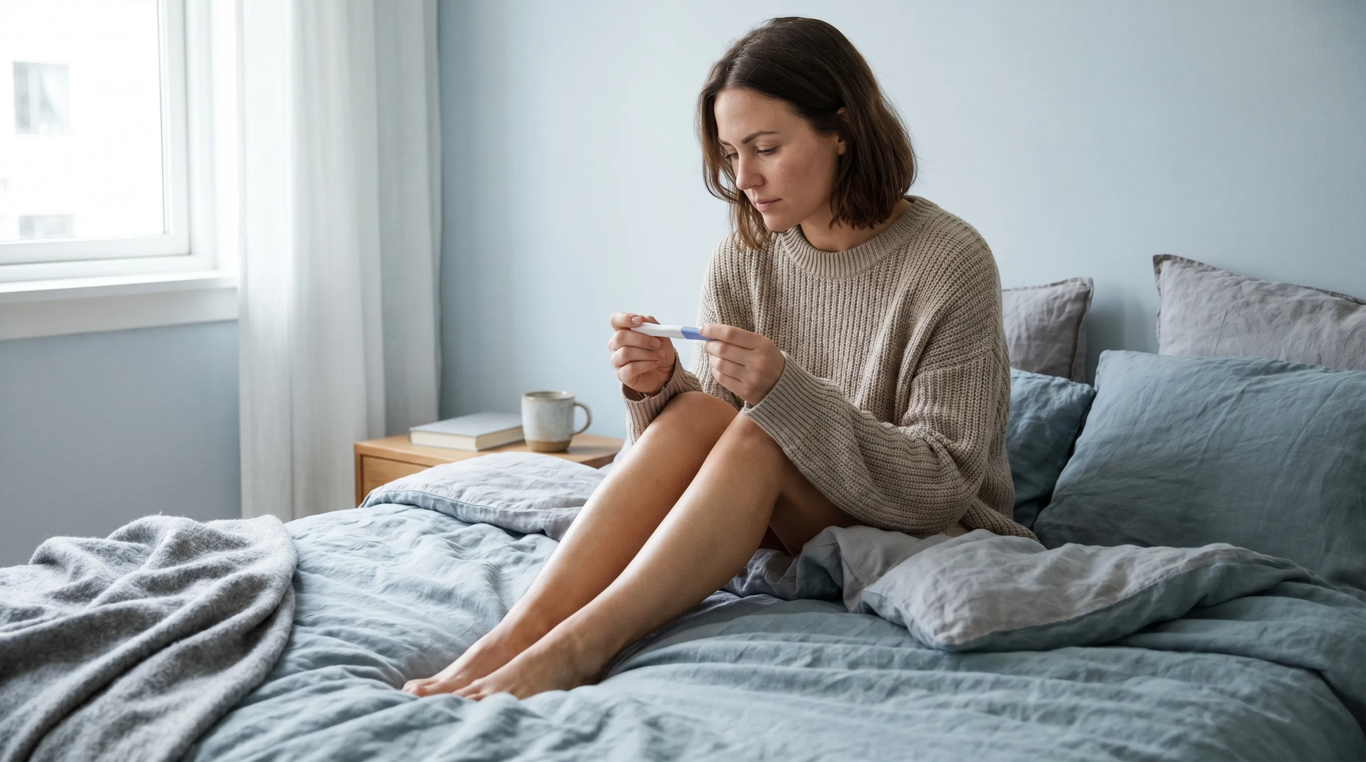A woman sitting comfortably on a bed in soft morning light, holding a pregnancy test with a thoughtful expression, surrounded by muted blue and gray decor, clinical yet warm lifestyle photography style