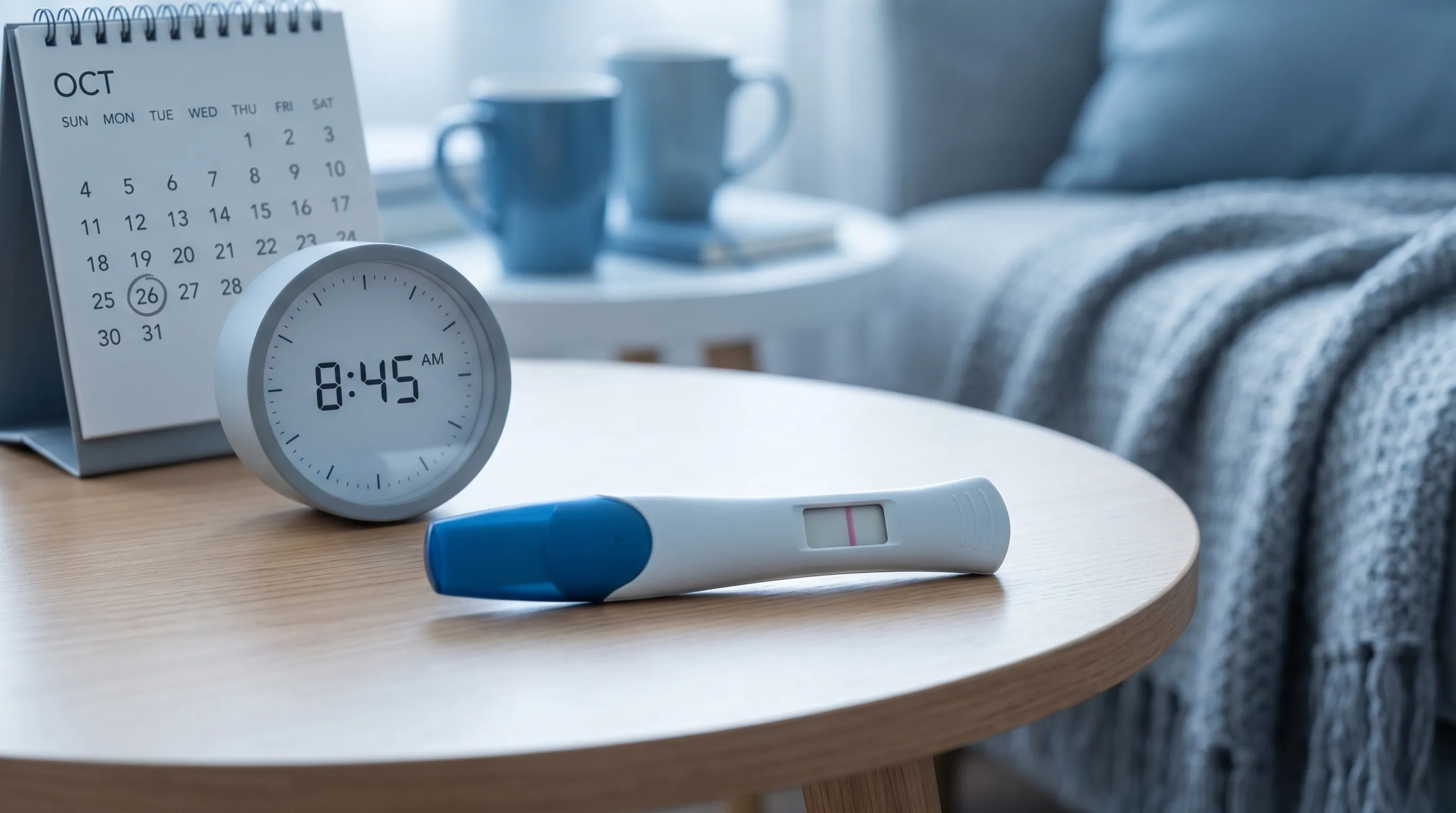 Close-up of a pregnancy test window on a clean wooden surface, clearly showing a faint pink line, with a clock and calendar nearby indicating tracking, shot in cool blue and neutral gray tones, professional medical lifestyle style
