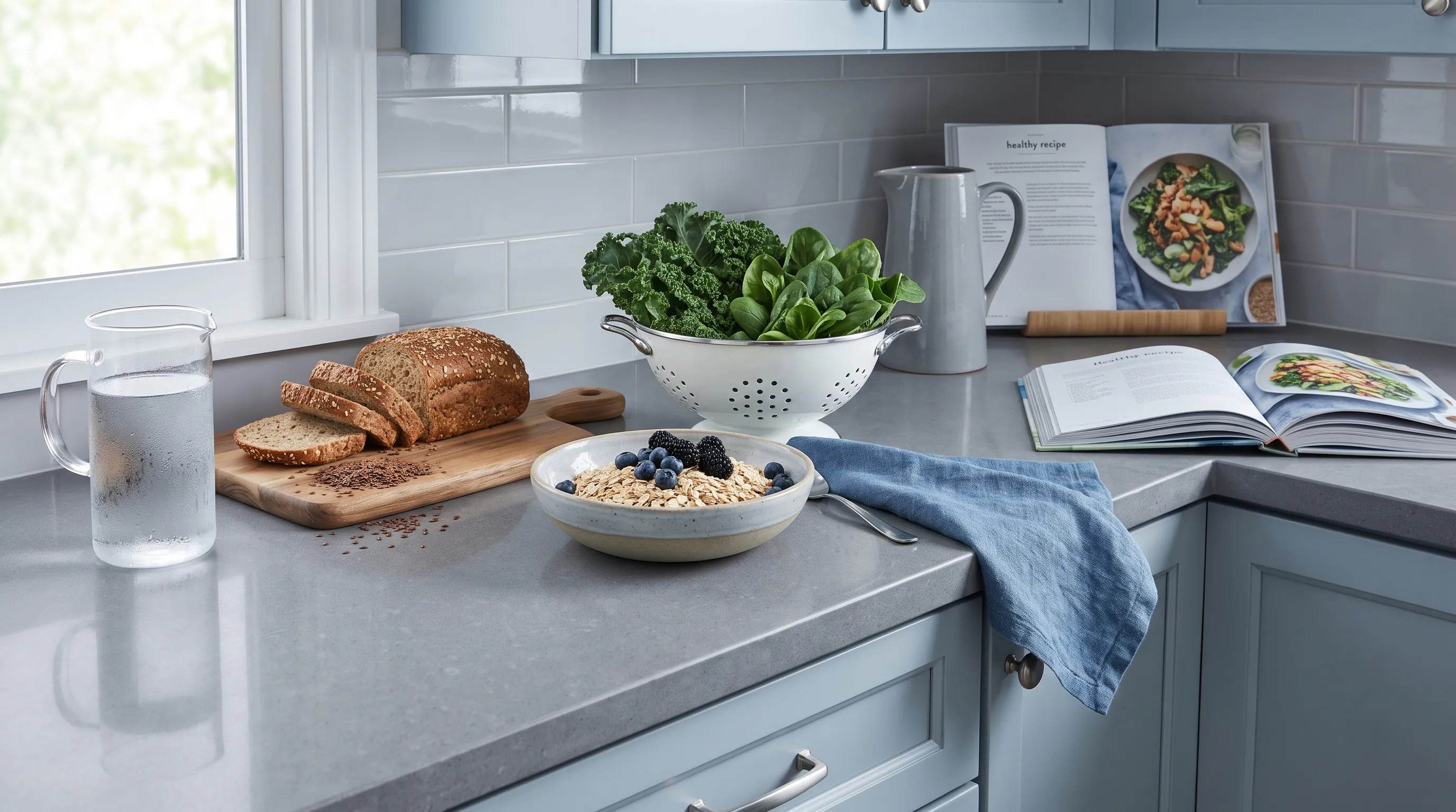 A clean, professional photograph of a kitchen counter displaying high-fiber foods like oats, berries, leafy greens, and a large glass of water, styled in calming blue and gray tones to represent digestive health management.