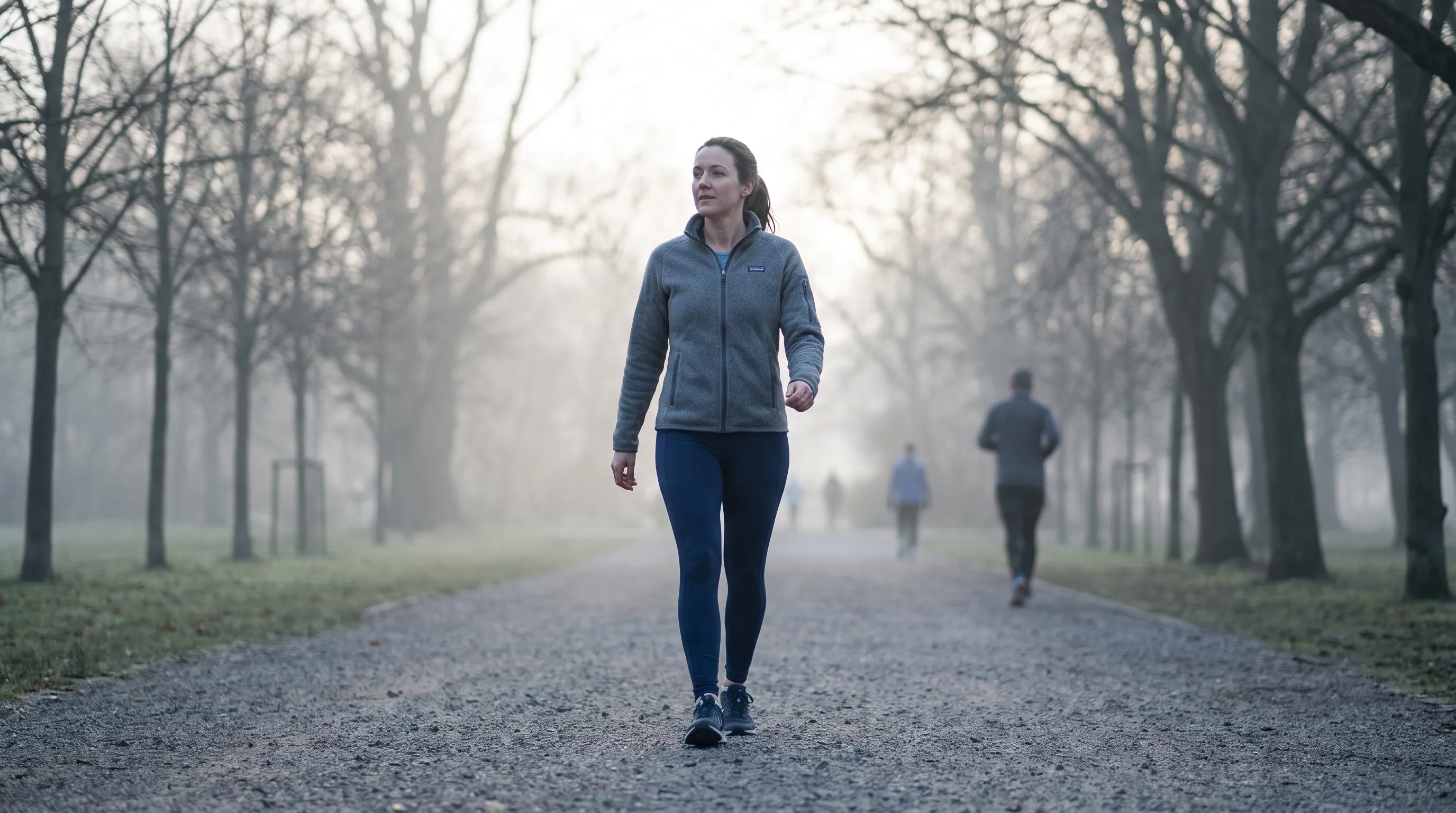An active lifestyle image of an adult engaging in a gentle morning walk outdoors, wearing comfortable athletic clothing, symbolizing physical activity to stimulate natural gut motility, rendered in muted blue and gray color grading.