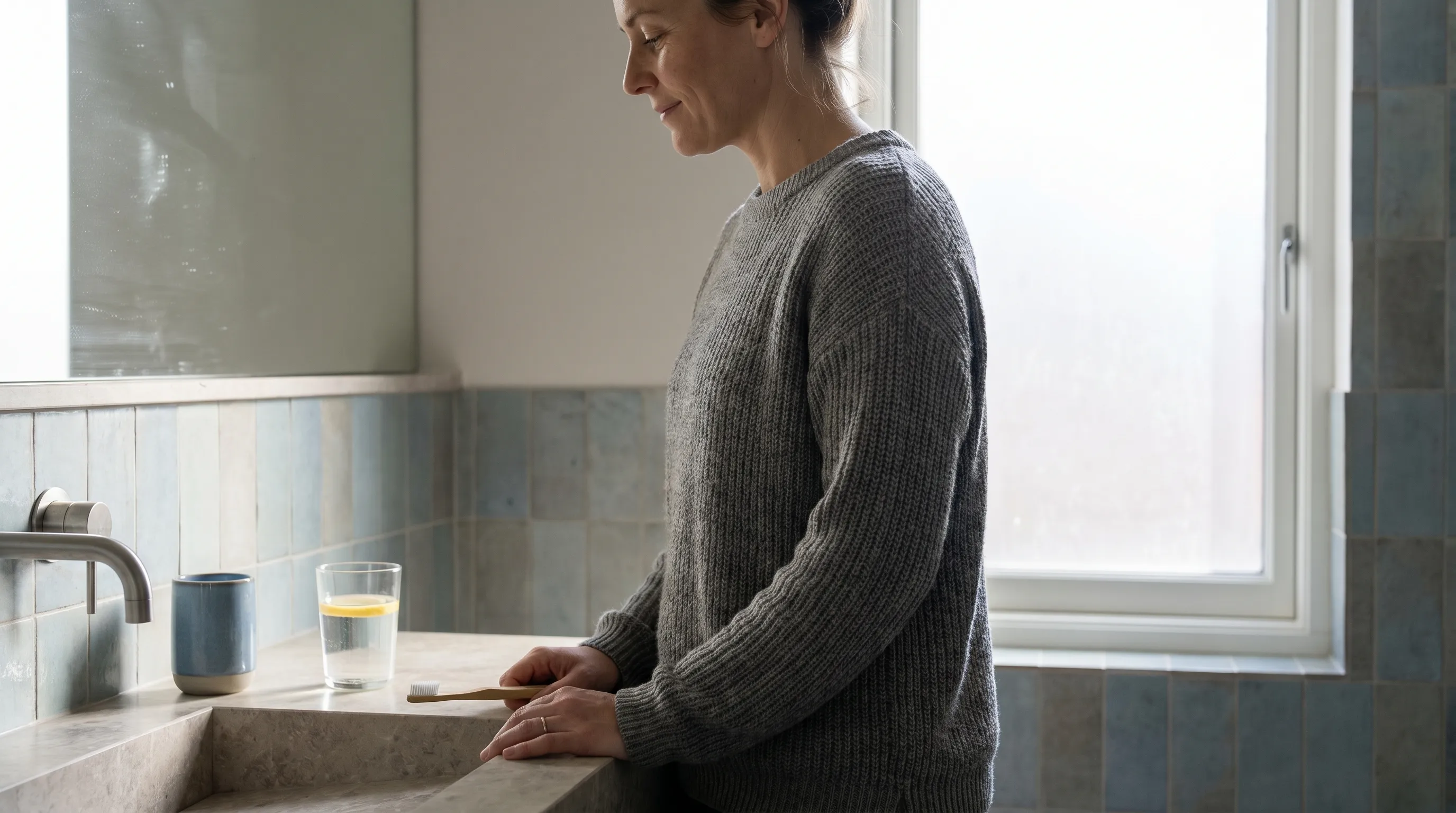 A lifestyle photo showing an adult drinking water and using a humidifier in a softly lit room, promoting throat health and hydration