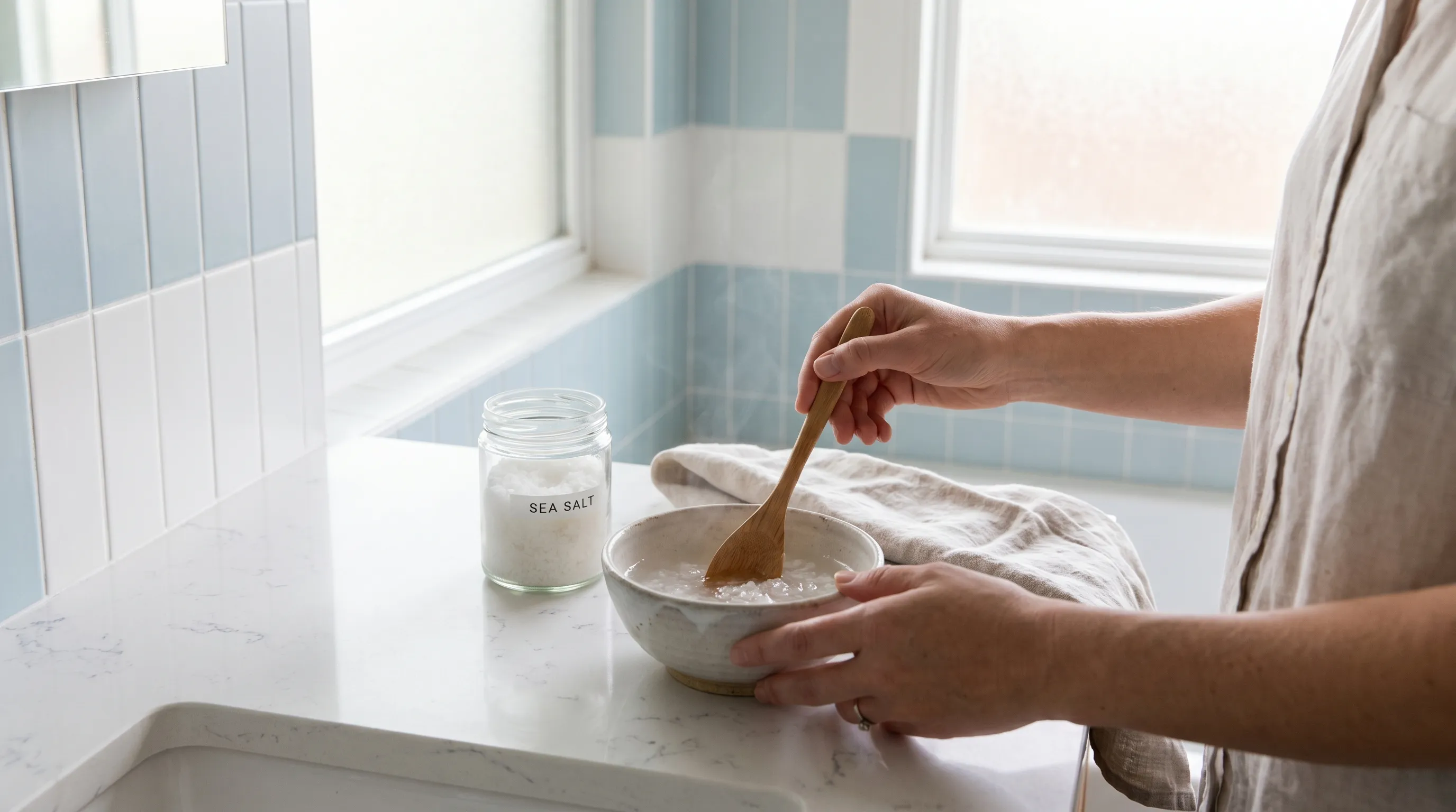 A close-up lifestyle shot of a person preparing a natural warm salt water rinse in a ceramic bowl on a clean bathroom counter, with soft daylight, muted blue and white tones, emphasizing gentle self-care and oral hygiene, professional medical photography style