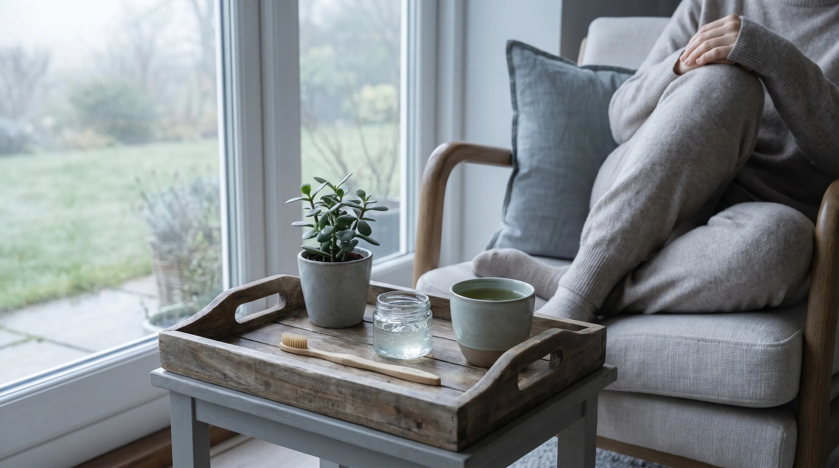 A calm wellness scene showing a person sitting by a window with a wooden tray containing natural dental care items like aloe vera gel, a soft toothbrush, and a cup of green tea, shot in soft gray and blue lighting with a focus on holistic oral health, photorealistic lifestyle photography