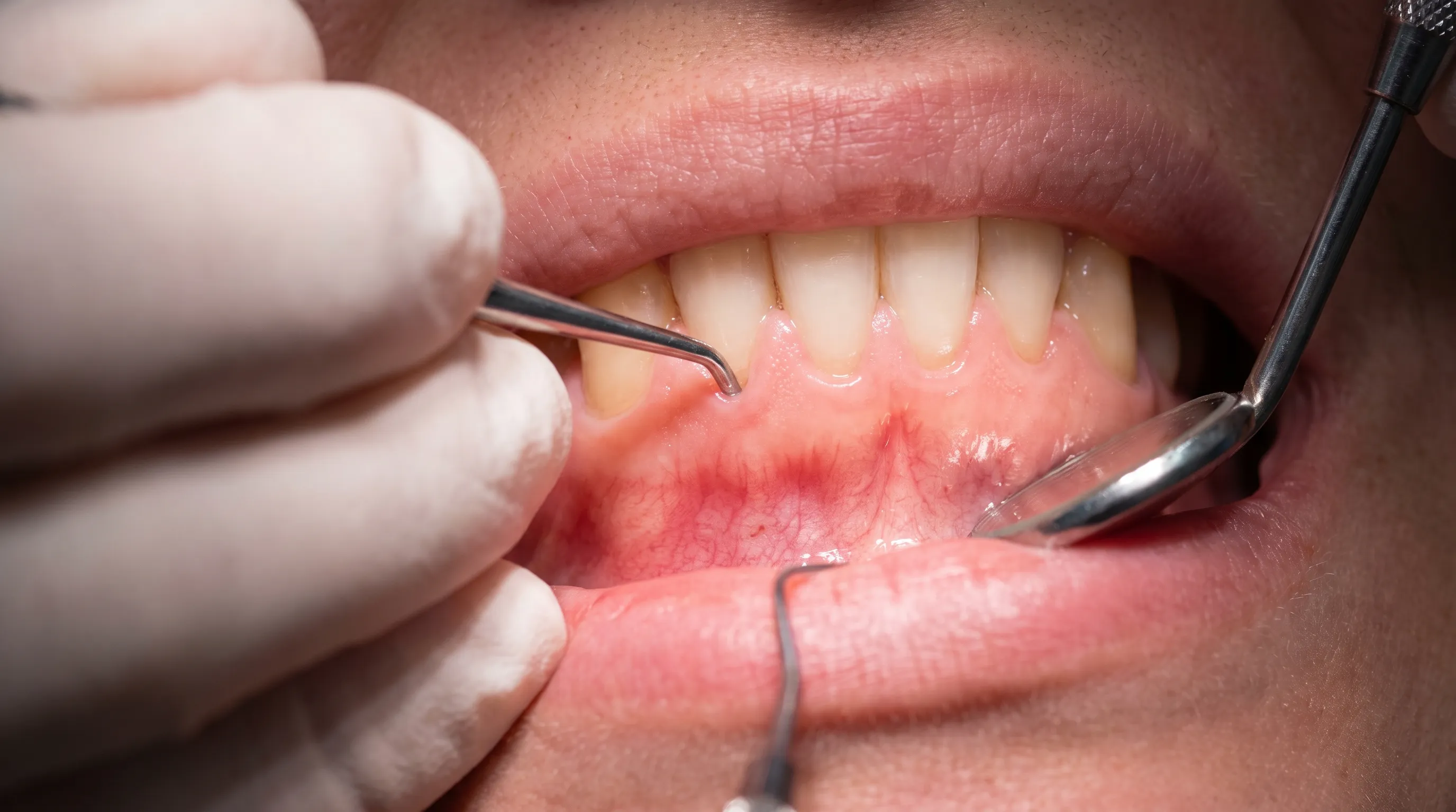 Clinical examination of healthy gum tissue showing normal gingival architecture and proper tissue attachment