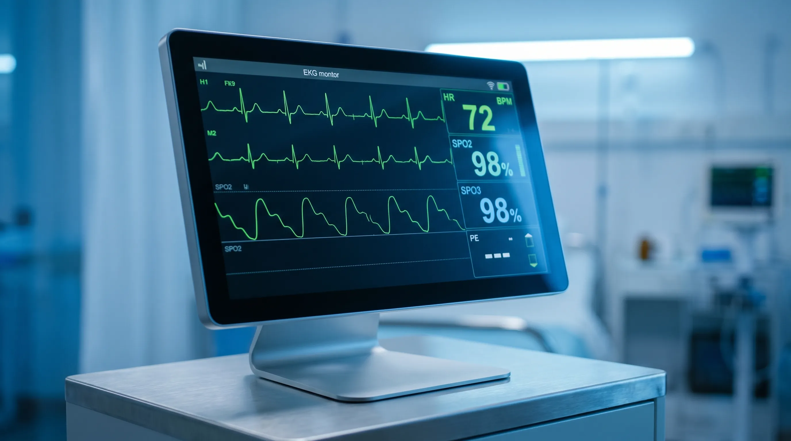 A close-up of a modern digital electrocardiogram monitor displaying waveform traces, clean clinical setting, soft blue lighting, professional medical photography style