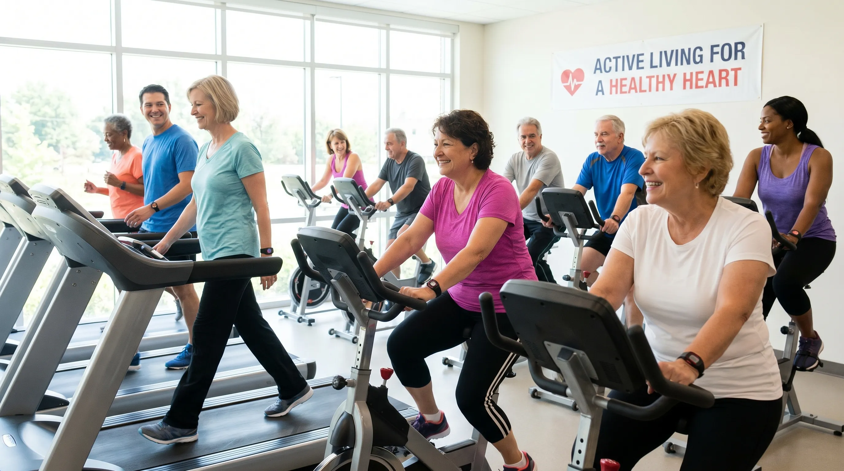 A diverse group of adults engaging in light cardiovascular exercise on treadmills and stationary bikes in a bright wellness center, emphasizing heart health and active living