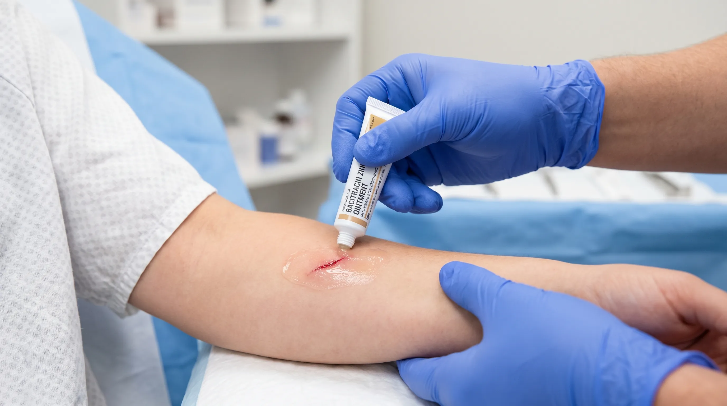 A clinician carefully explaining topical antibiotic differences to a patient in a bright, modern examination room with clinical blue and gray tones