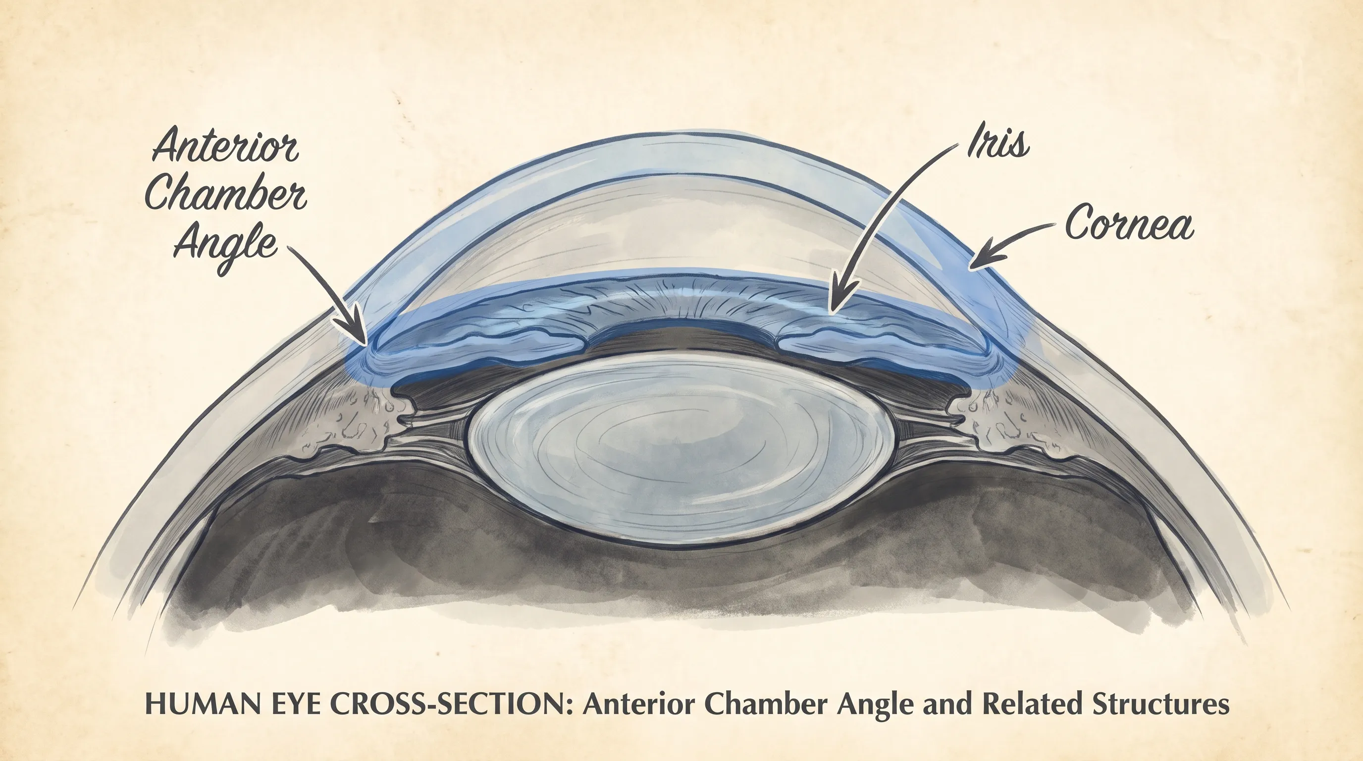 Detailed cross-sectional medical illustration showing the anterior chamber angle, iris, and cornea