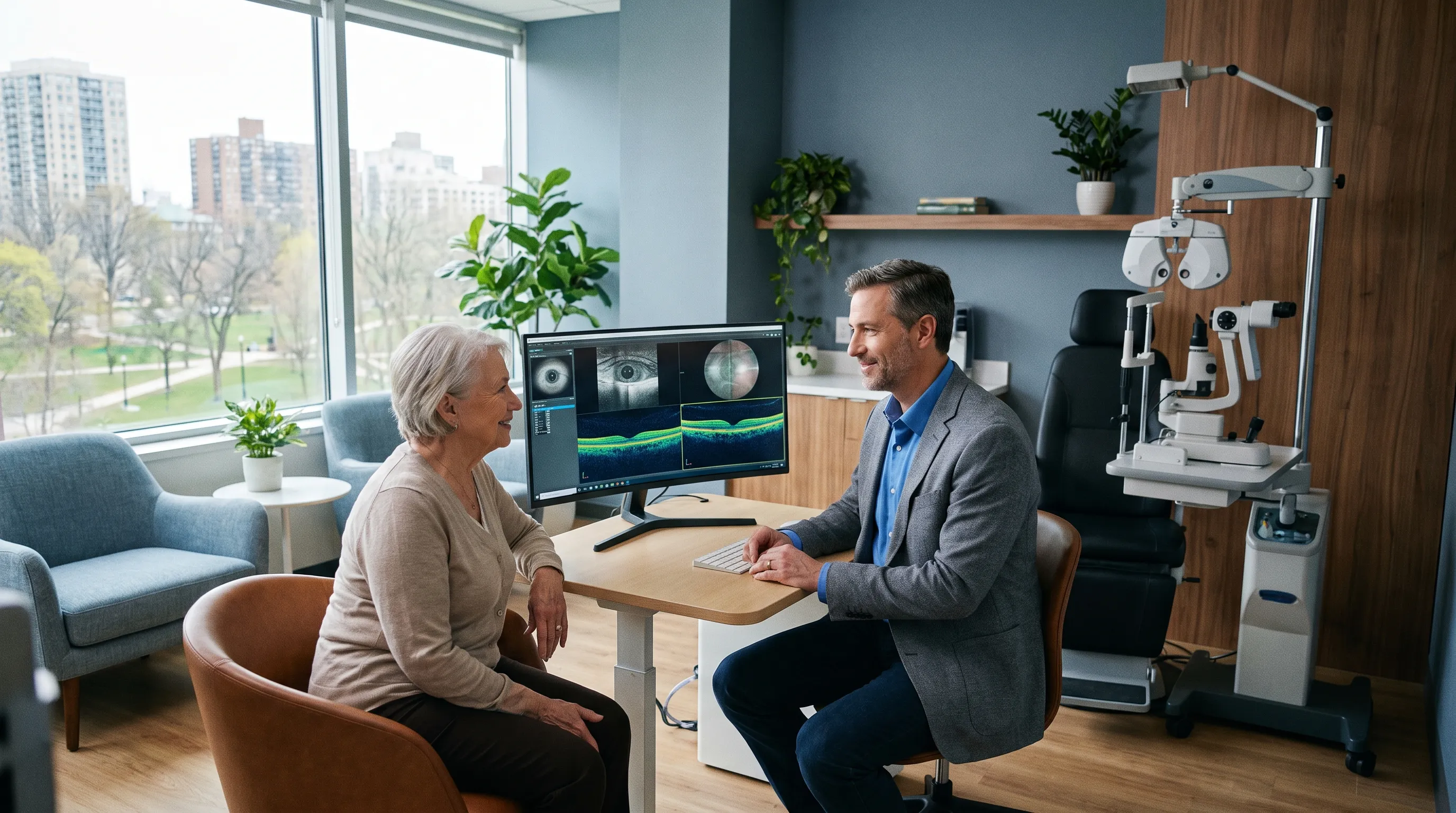Patient consulting with an ophthalmologist about eye health and treatment options in a modern clinical setting