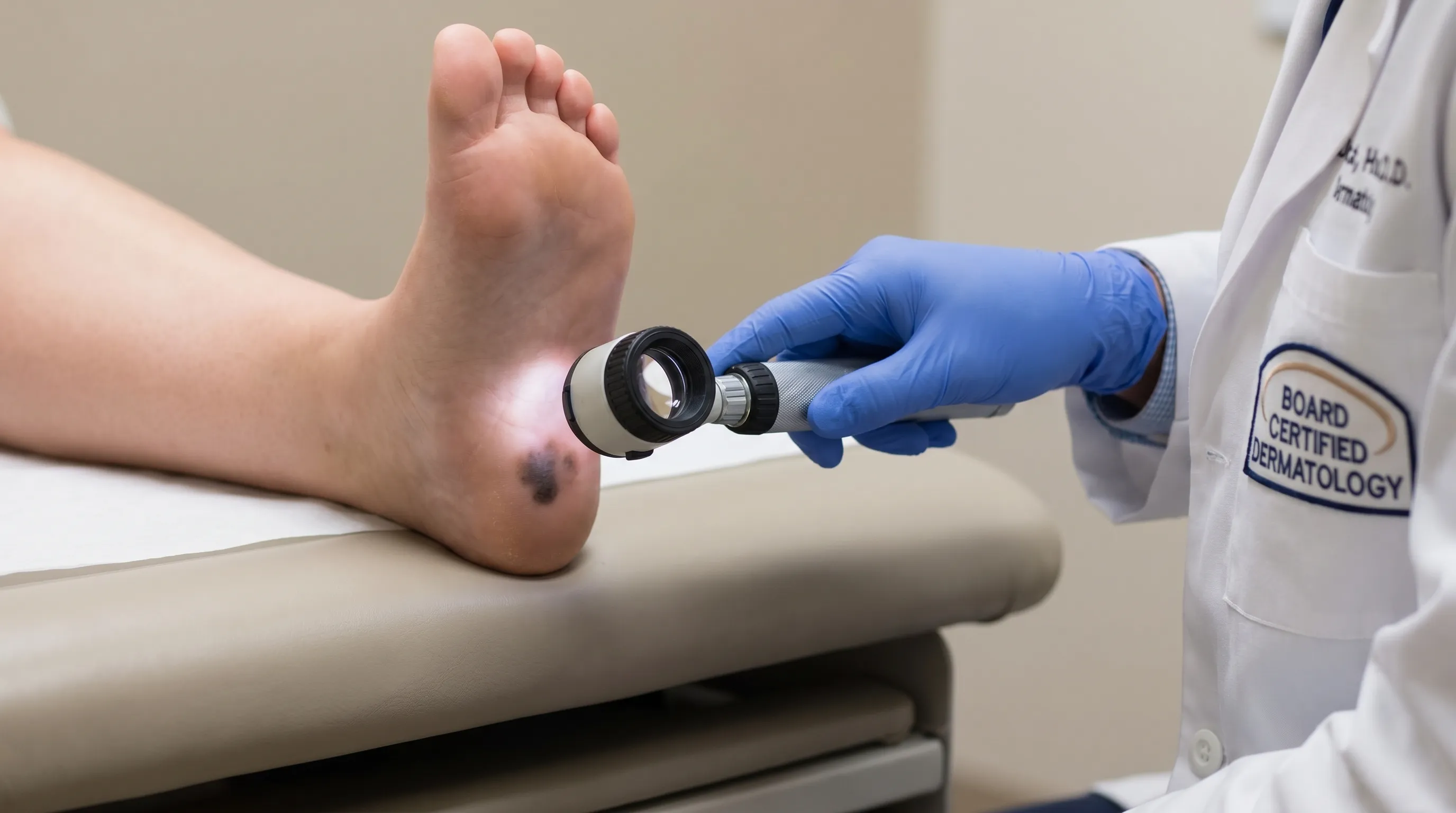 Close-up clinical view of a dermatologist examining the sole of a foot for pigmented lesions