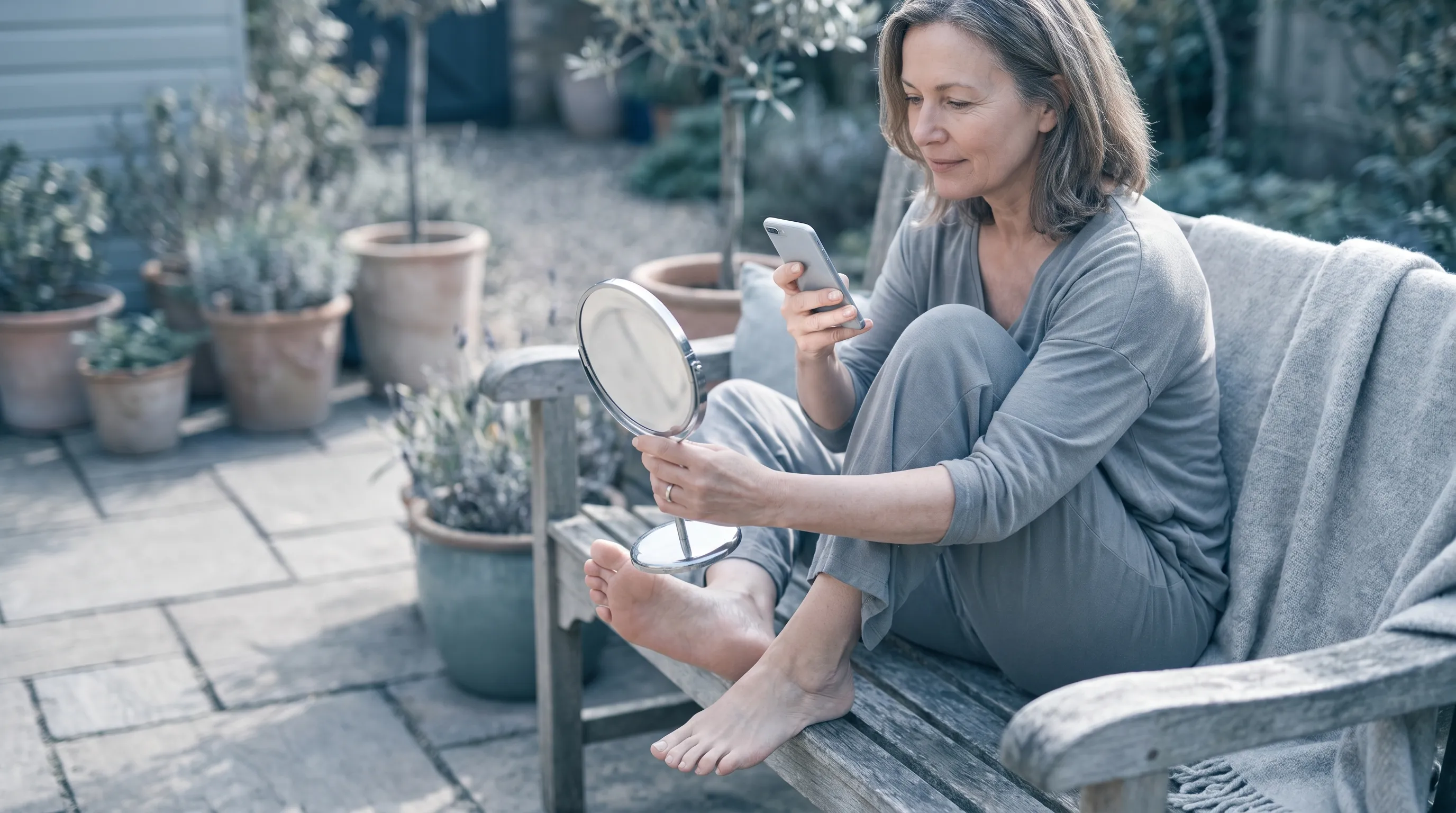Person performing a monthly self-skin check using a mirror and taking notes on a calendar