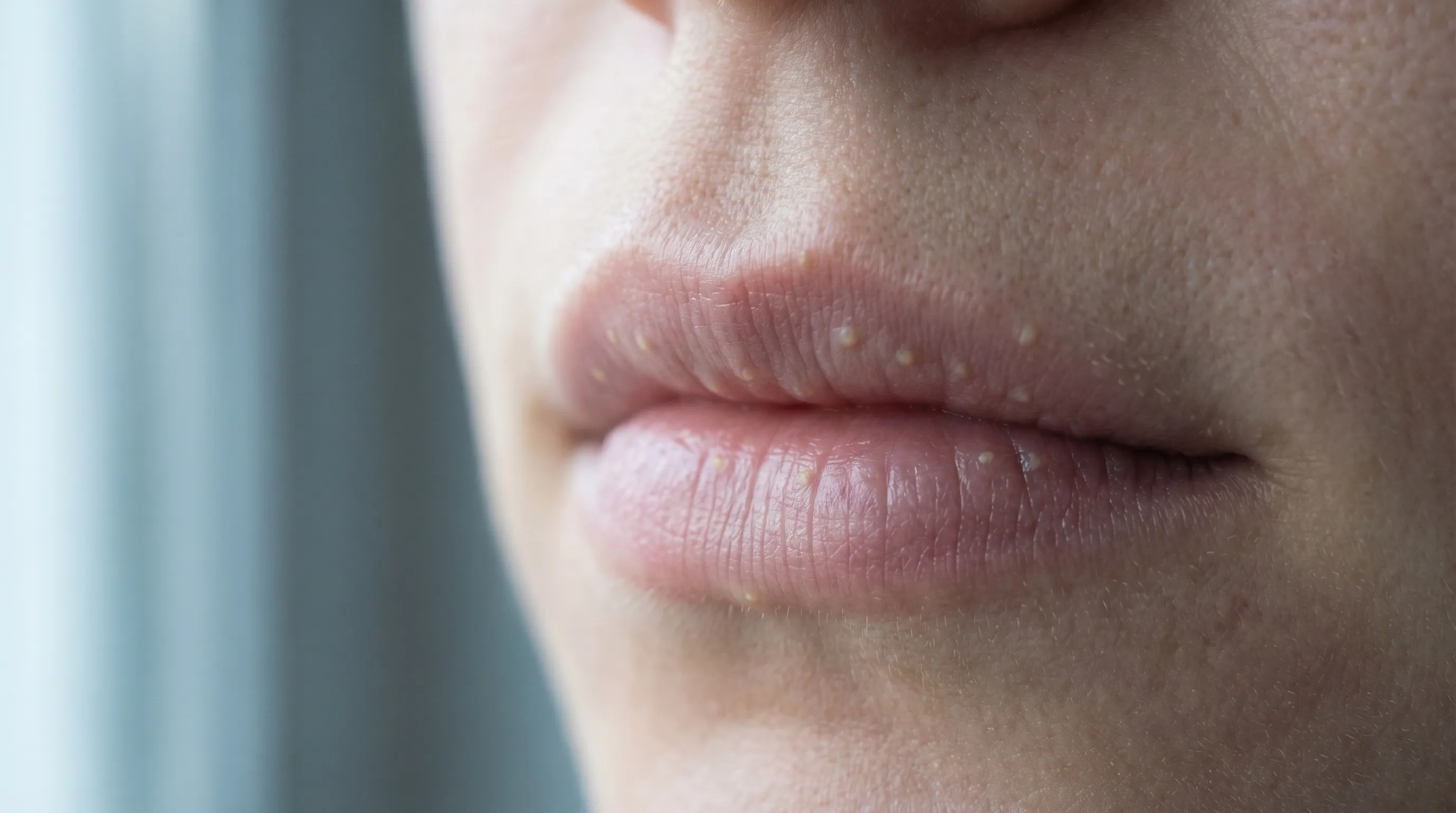 A close-up of an upper lip showing multiple small, pale yellow Fordyce spots along the vermilion border.