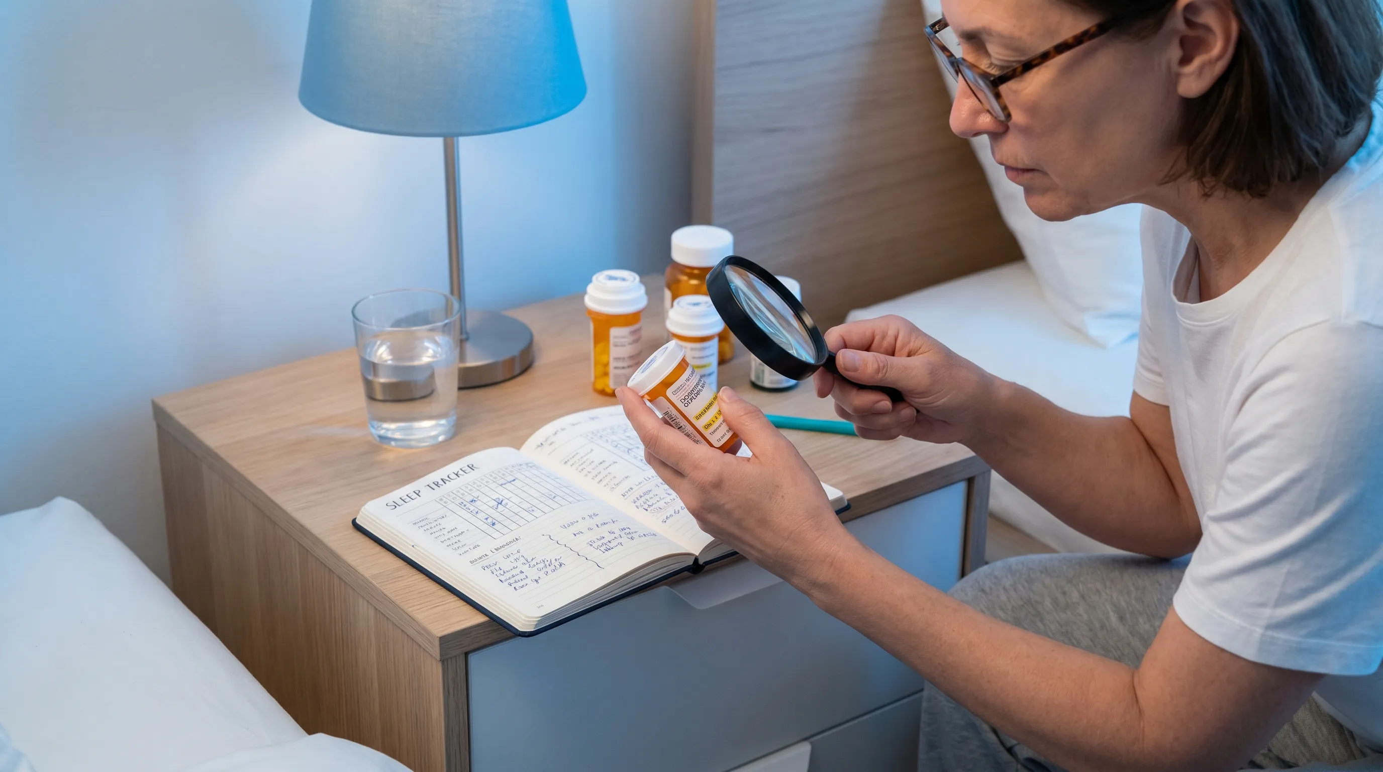 A close-up lifestyle photo of a person carefully reading medication labels on a clean, modern nightstand next to a glass of water and a notebook tracking sleep patterns. Soft blue lighting, professional healthcare aesthetic.