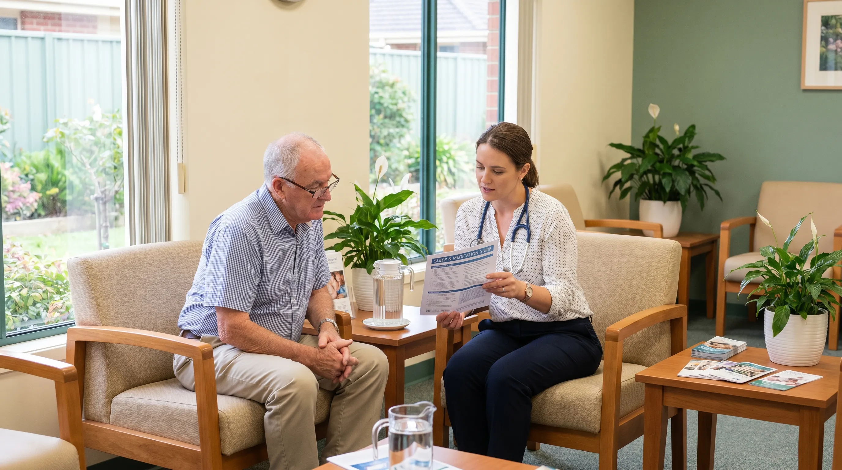 A healthcare professional discussing a printed sleep schedule with an older adult in a bright, calming clinic waiting area. Neutral tones, focused on patient education and medication safety.