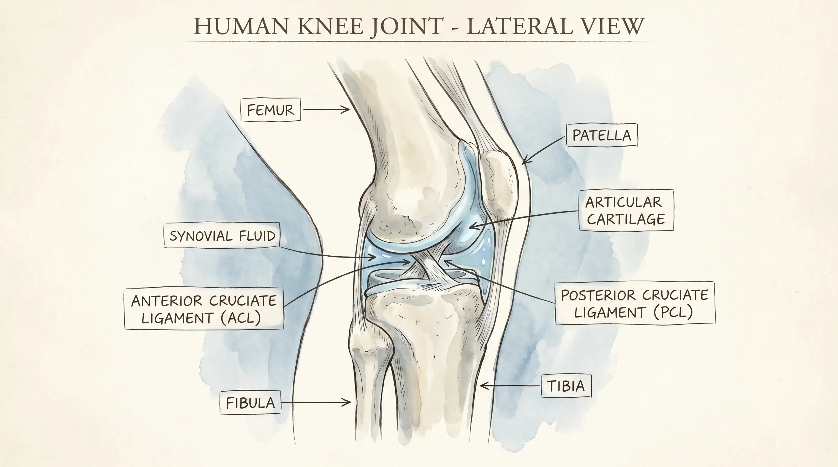 Detailed anatomical illustration of a human knee joint showing synovial fluid, cartilage, ligaments, and the patella in a clinical, educational style, soft gray and blue background, clear medical diagram aesthetic.
