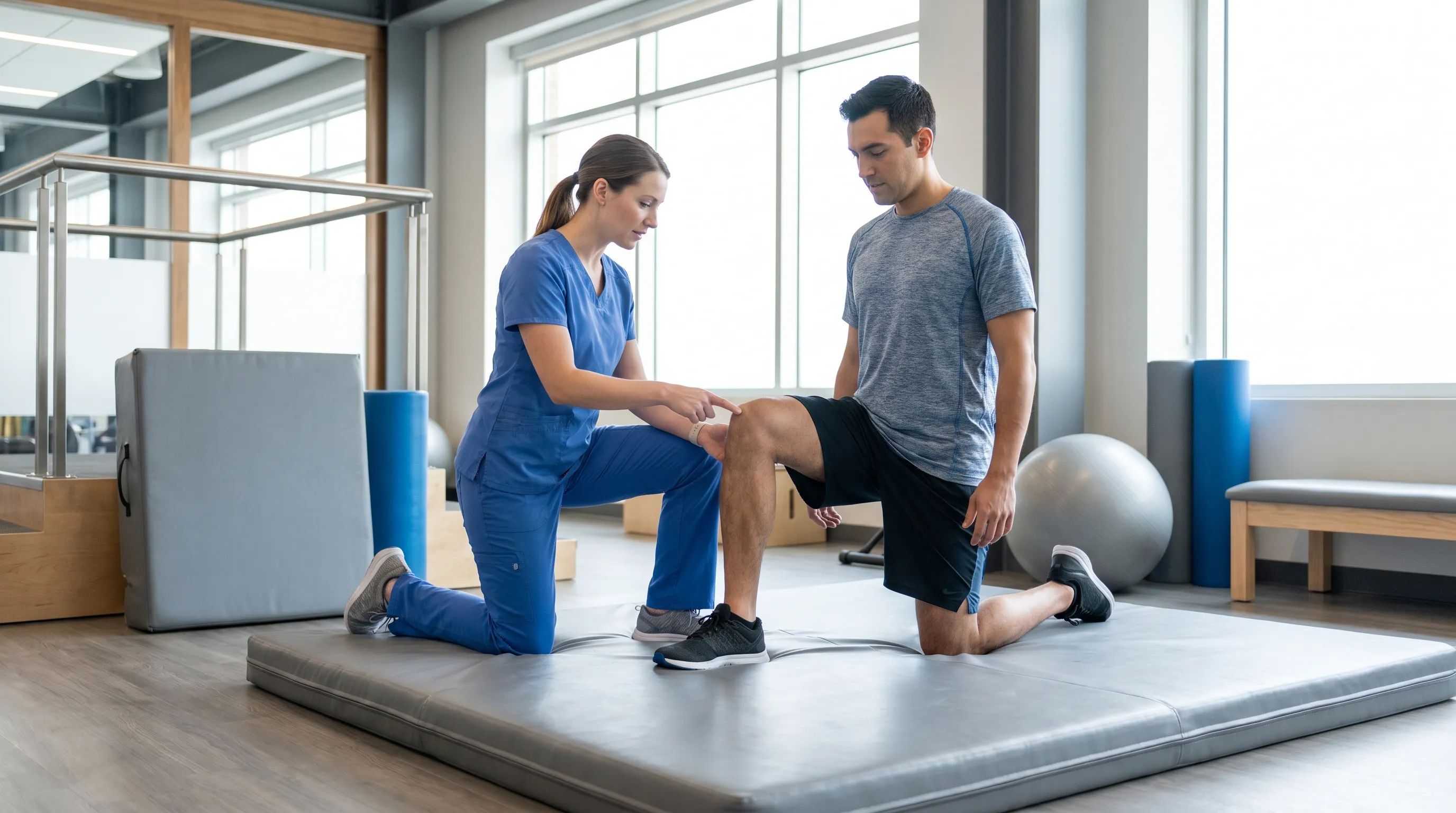 Physical therapist guiding a patient through gentle knee mobility exercises on a padded mat in a modern clinic, focusing on proper form and rehabilitation, natural lighting, gray and blue color grading, professional healthcare photography.