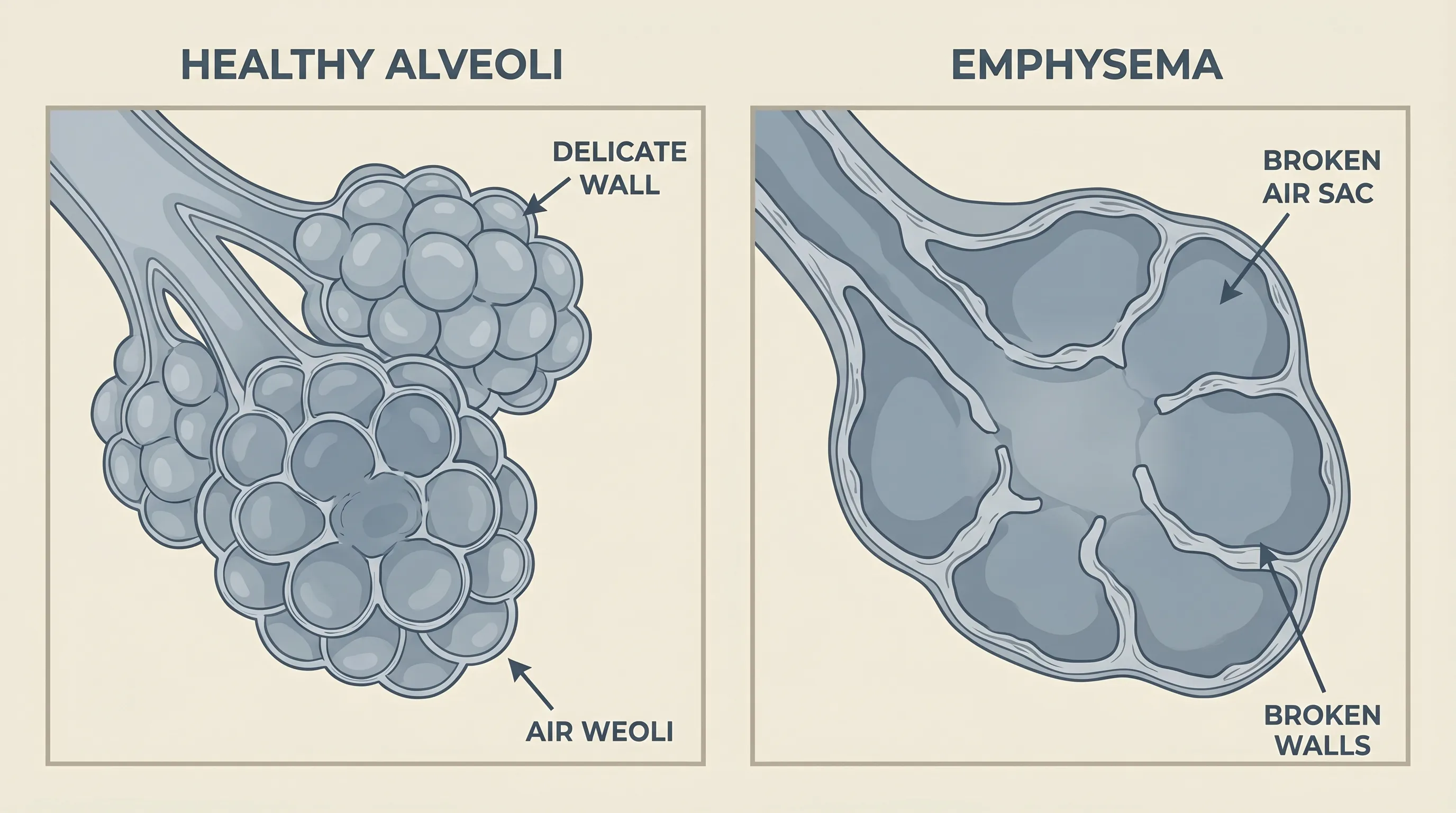 A realistic illustration comparing healthy lung alveoli with destroyed emphysematous air spaces, clinical educational style, soft blue and gray medical palette