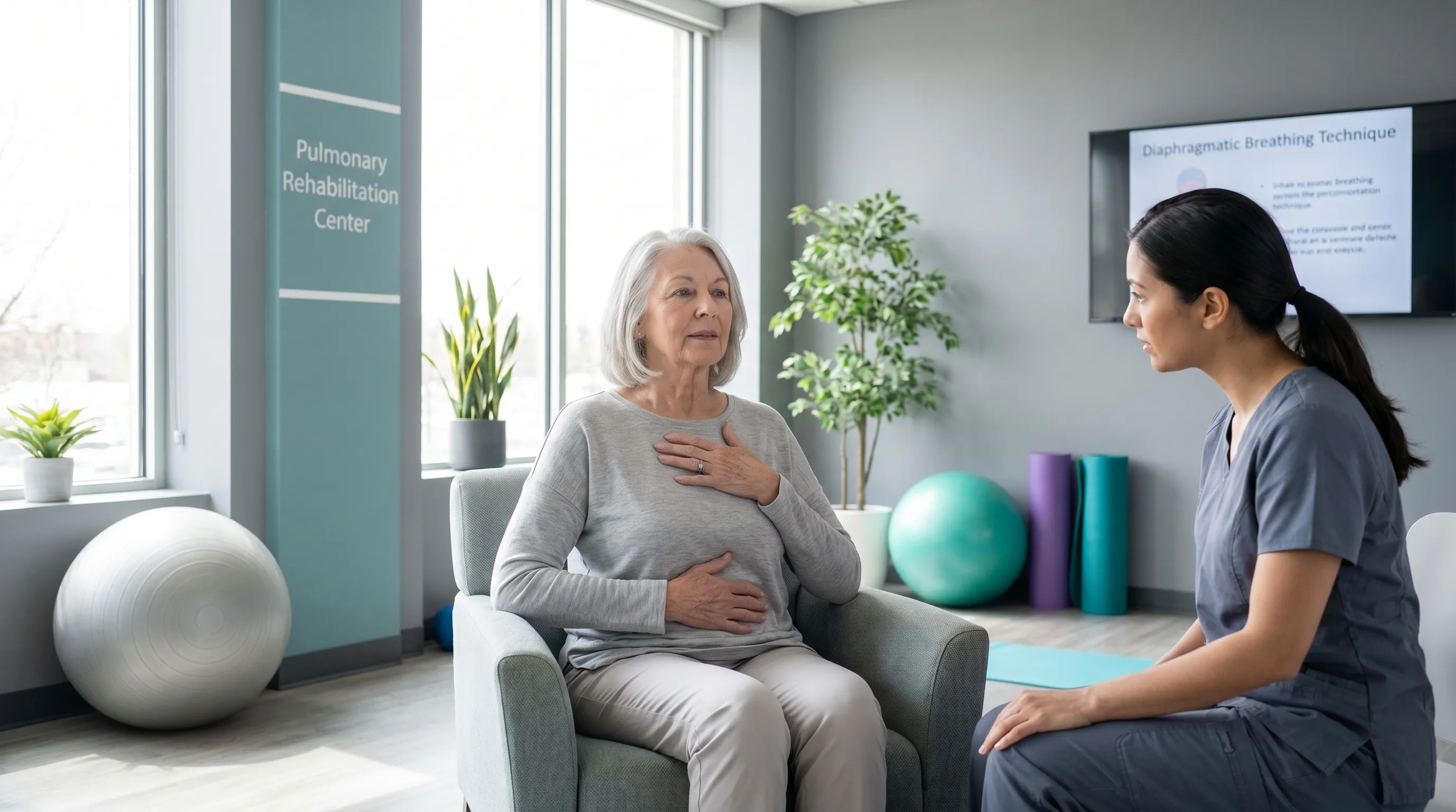 A senior patient practicing diaphragmatic breathing exercises in a bright, modern pulmonary rehabilitation studio with a physical therapist, natural lighting, calming gray and teal tones