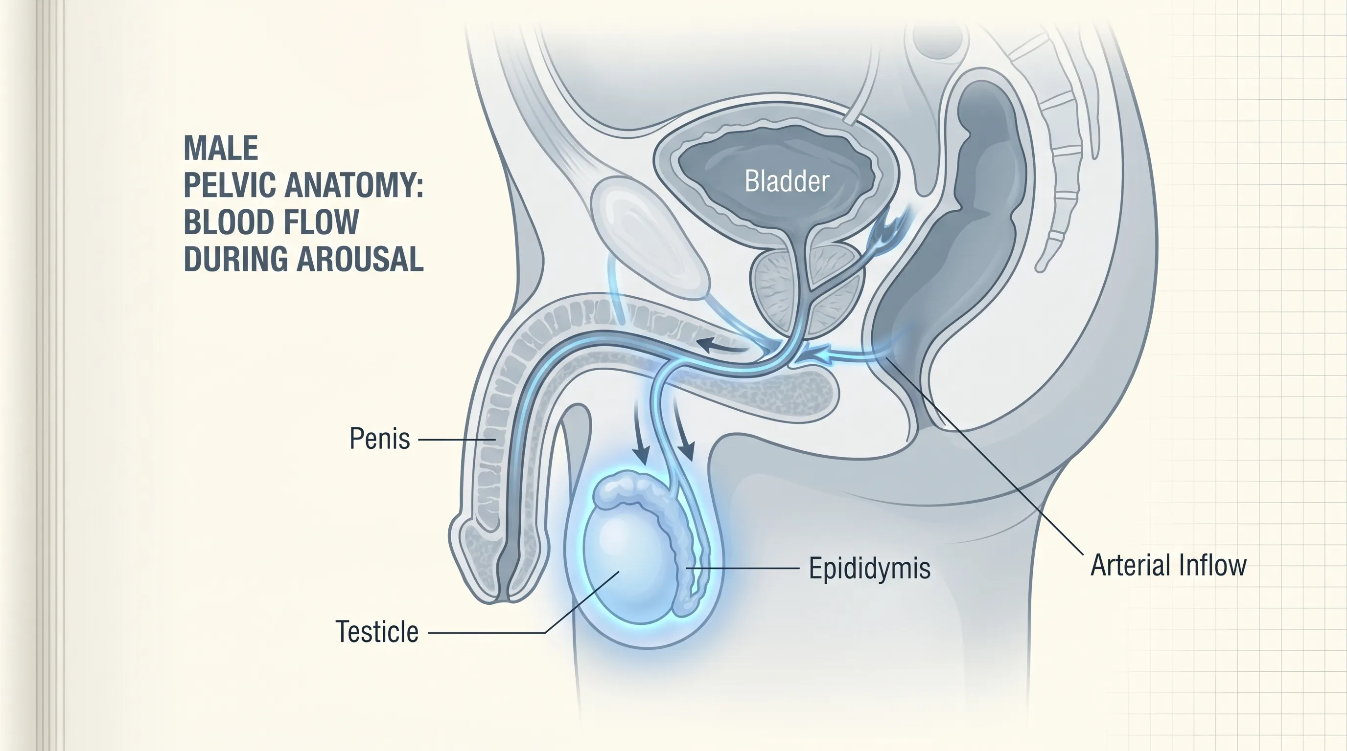 A clean, clinical illustration showing male pelvic anatomy with highlighted blood flow to the testicles and epididymis during arousal, rendered in soft blue and gray medical diagram style