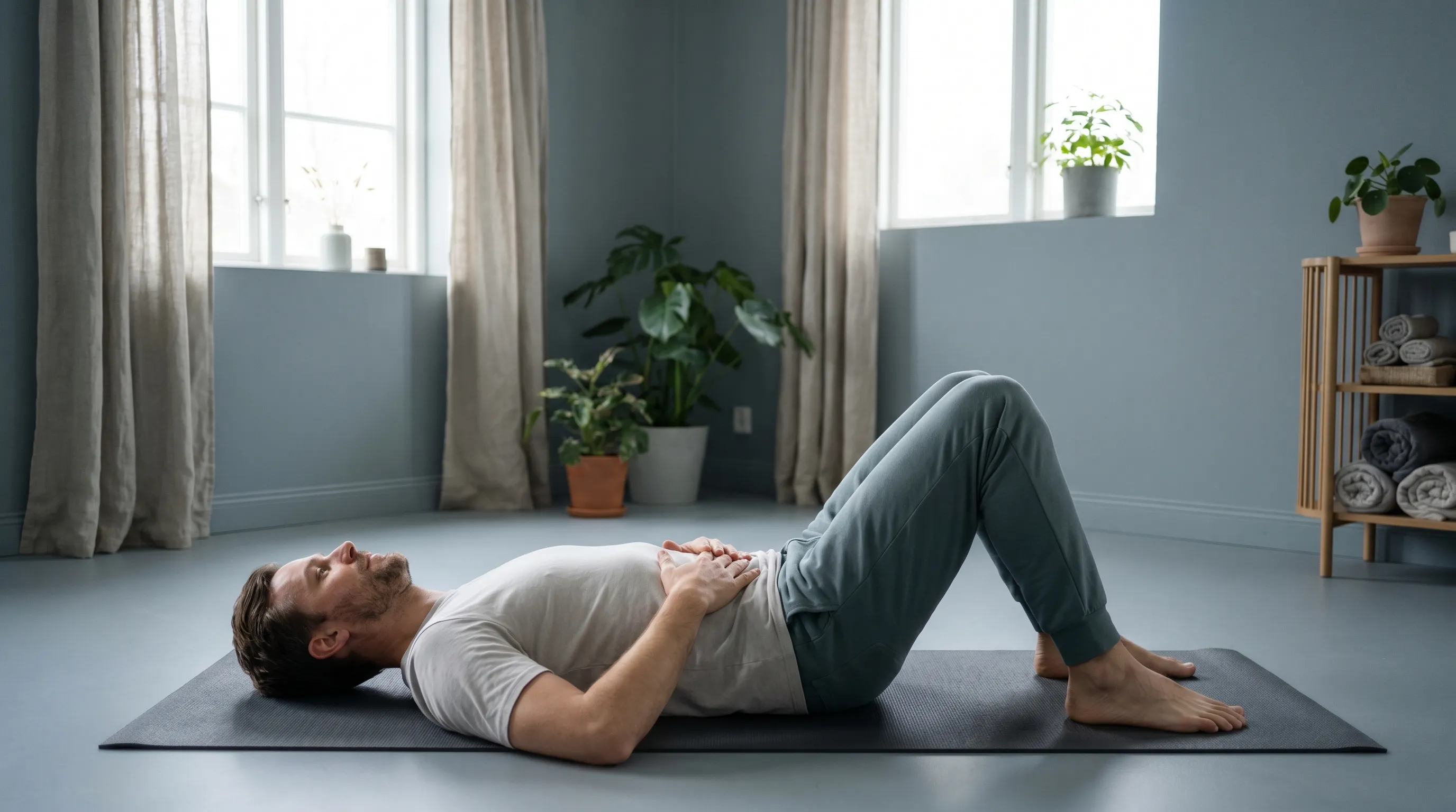 A calm, professional lifestyle photo of a man in his 30s performing gentle pelvic floor relaxation exercises on a yoga mat in a softly lit gray-blue room