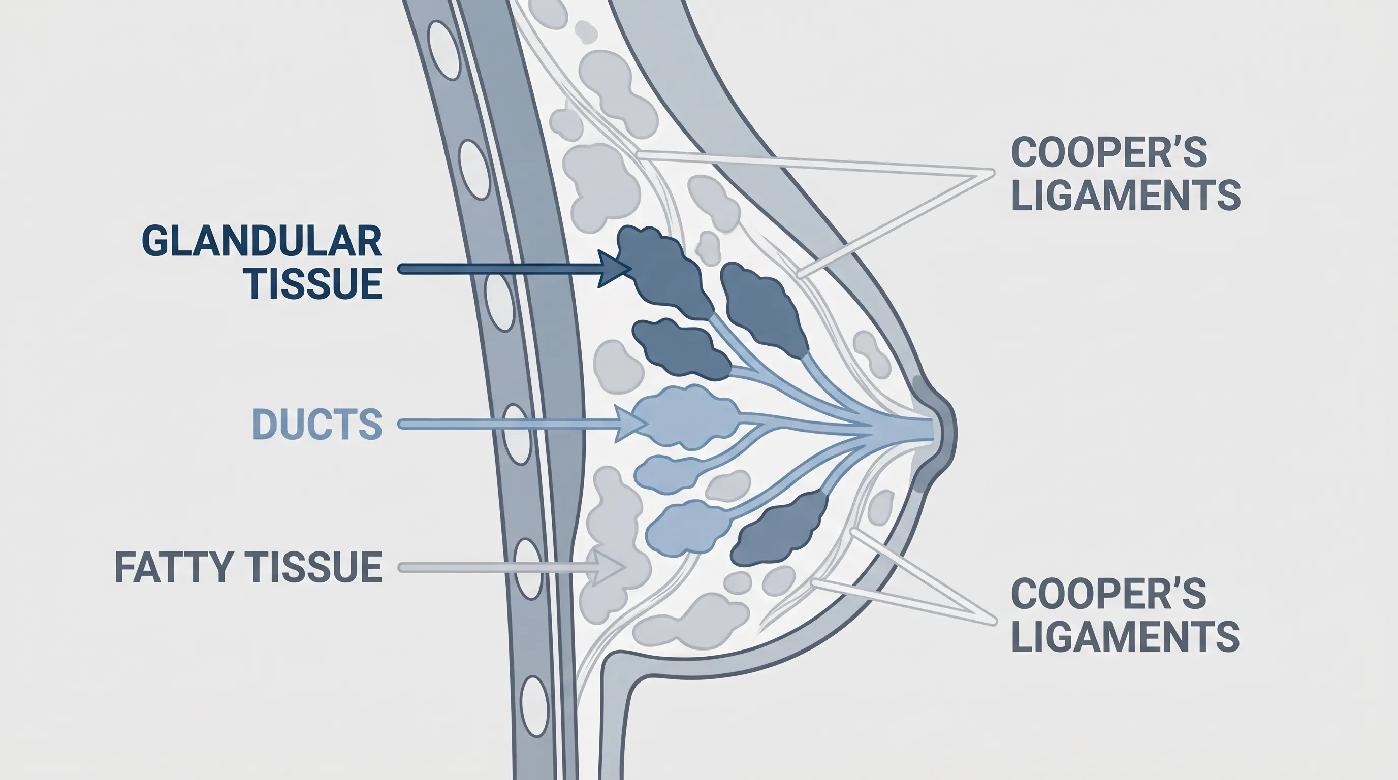 A clean, professional medical illustration showing the cross-section of breast tissue, highlighting glandular structures, ducts, fatty tissue, and Cooper ligaments, rendered in soft blue and gray medical infographic style