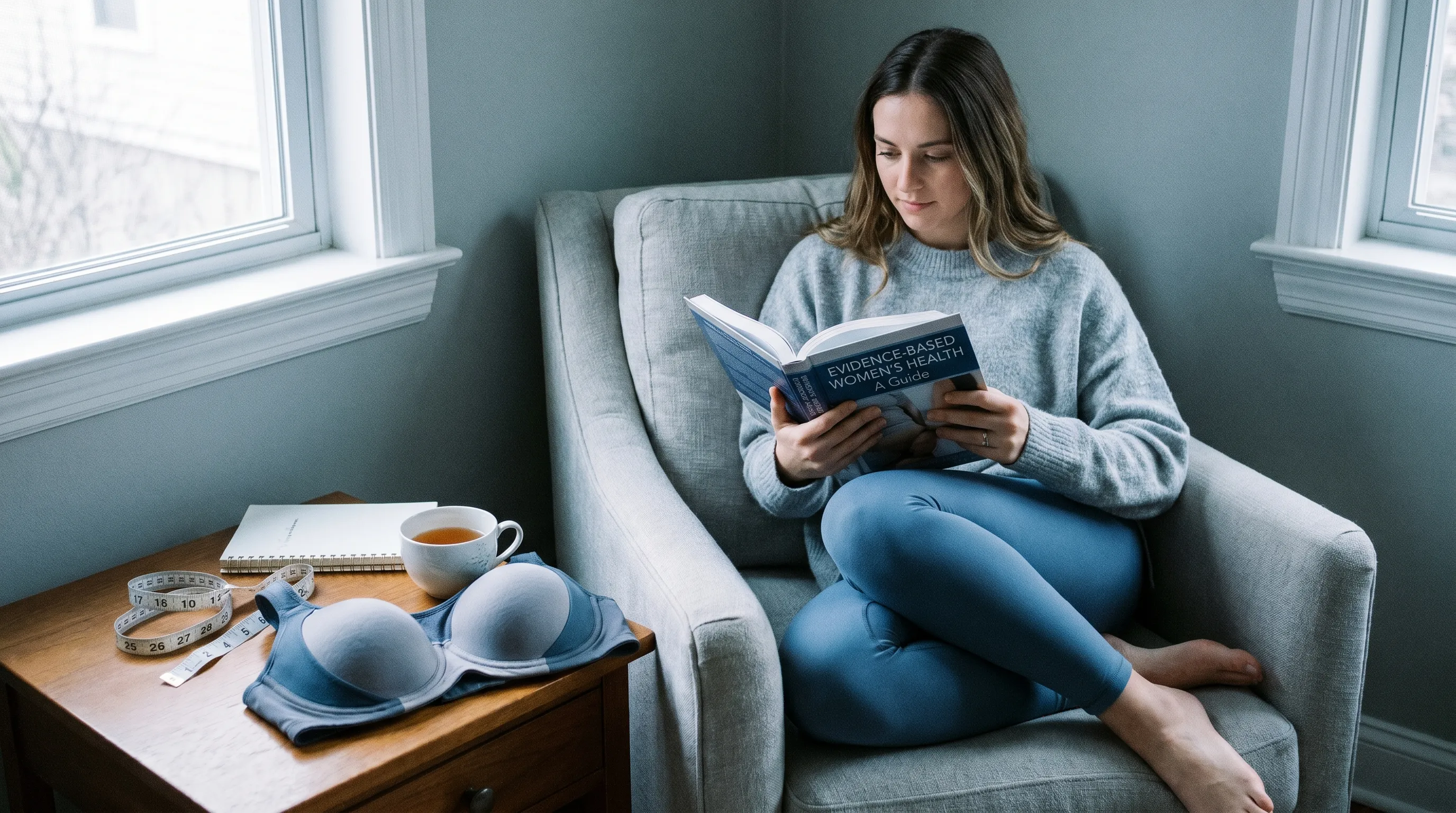 A realistic lifestyle photo of a young woman in a comfortable setting gently reading an evidence-based women's health book, surrounded by supportive items like a measuring tape and a well-structured bra, gray and blue color grading, 4:3 ratio