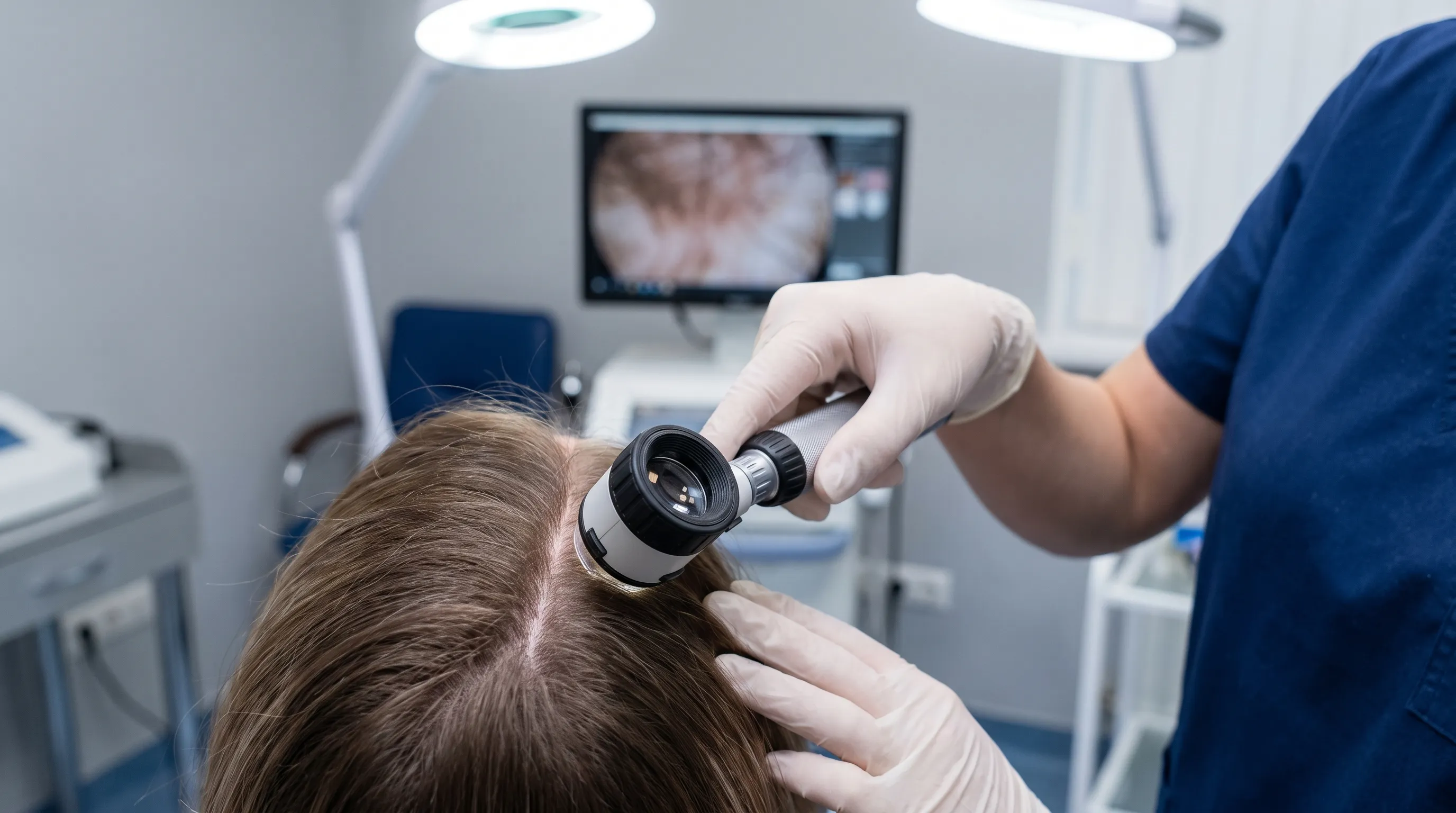 A detailed clinical close-up of a person's scalp being examined with a dermatoscope in a modern medical clinic, professional lighting, gray and blue tones