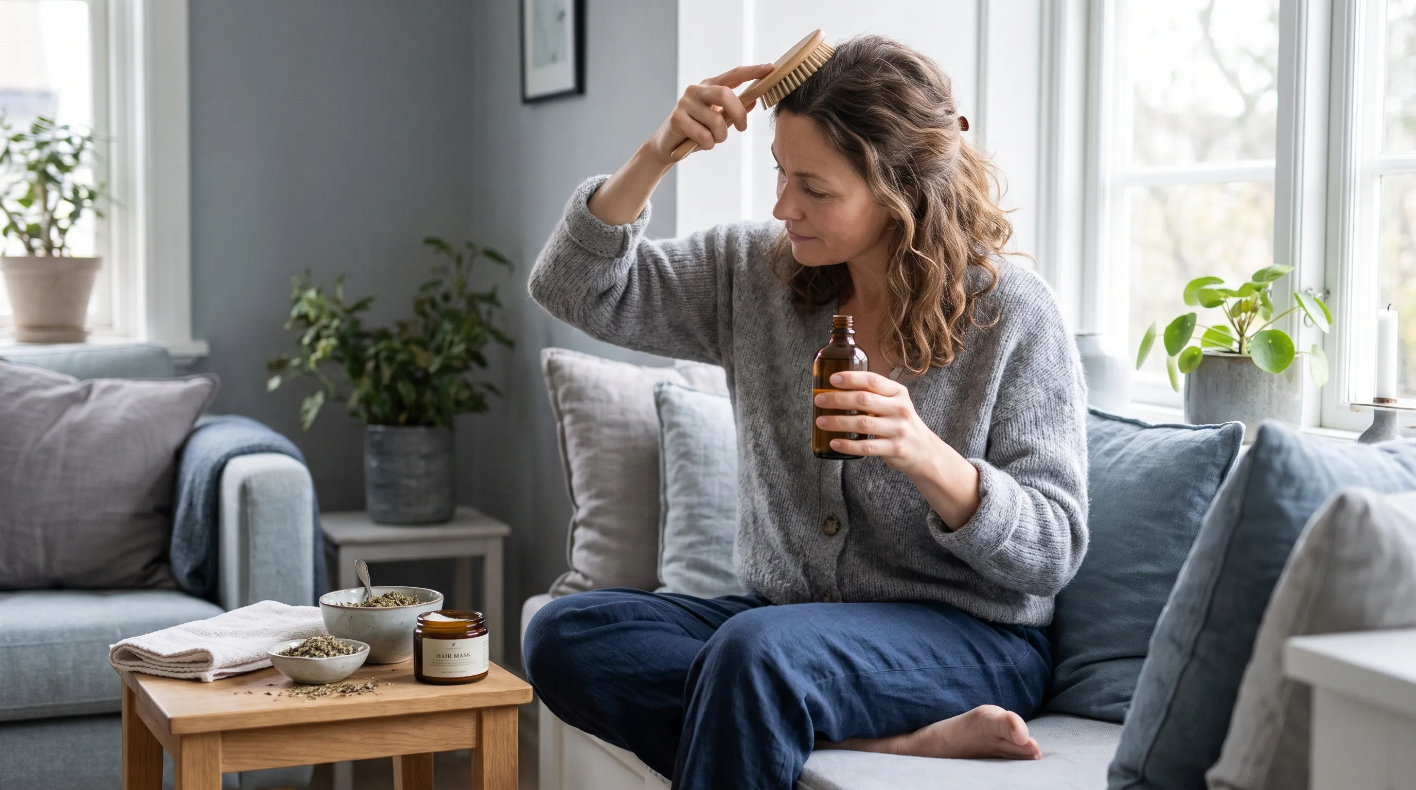 A lifestyle scene of an adult practicing gentle hair care with natural products at home, focusing on scalp massage and healthy styling, soft daylight, gray and blue aesthetic