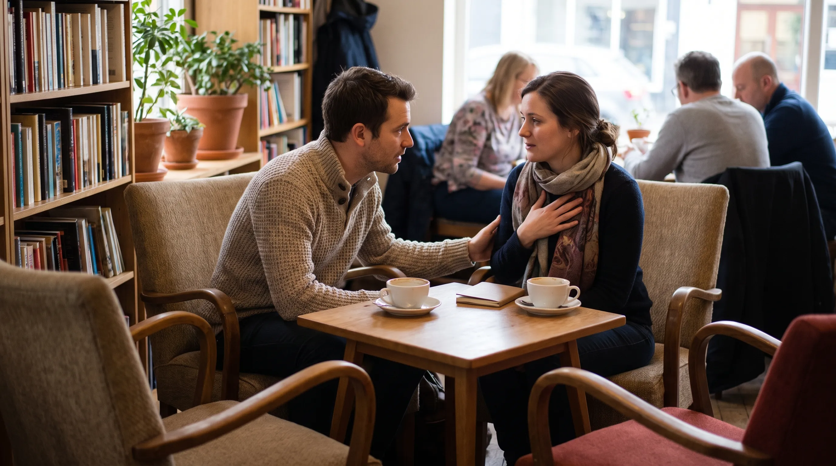 A couple sitting across from each other at a cozy café table, engaging in calm, focused conversation while practicing active listening and emotional regulation techniques