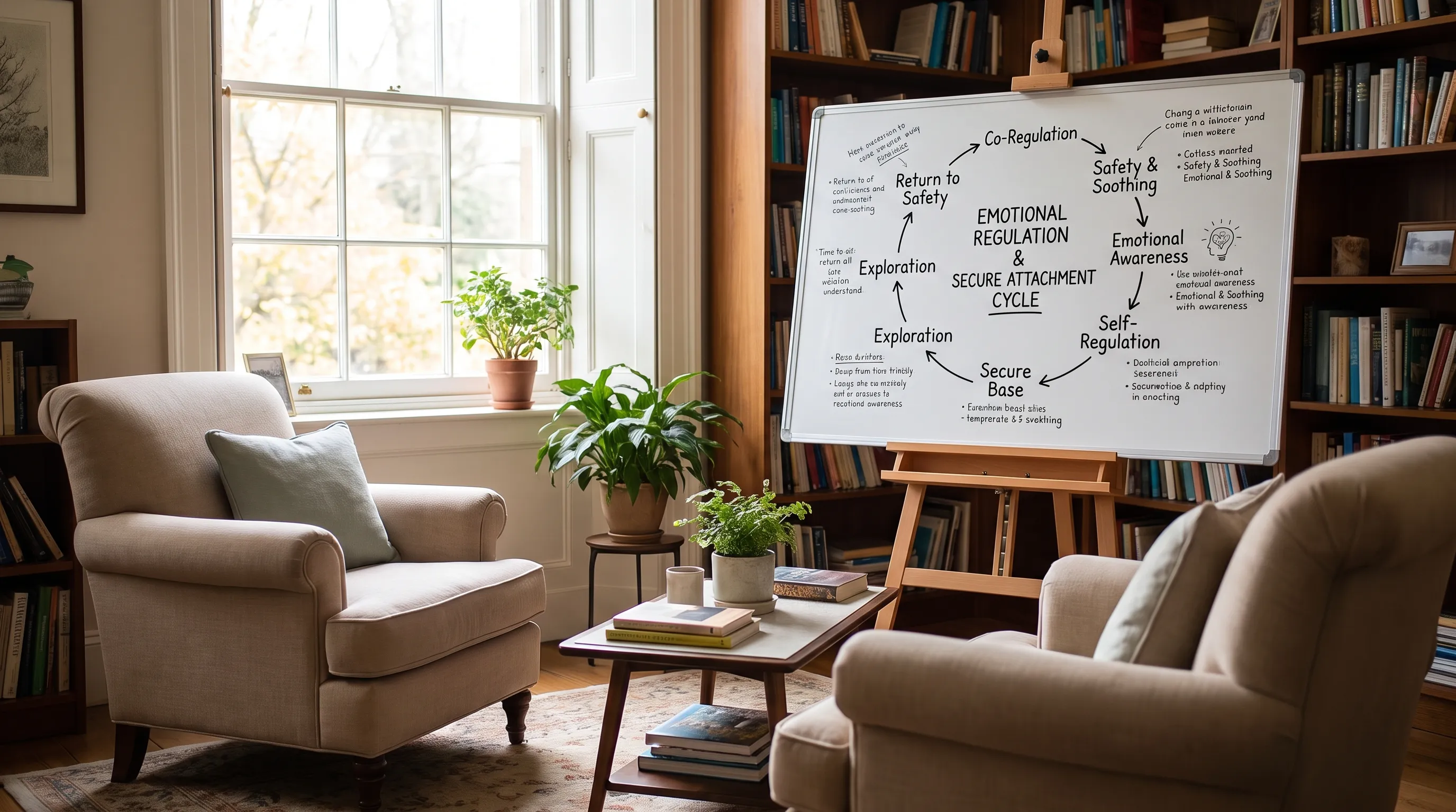 A therapist’s office with soft natural lighting, comfortable armchairs, and a whiteboard displaying a cycle diagram of emotional regulation and secure attachment milestones