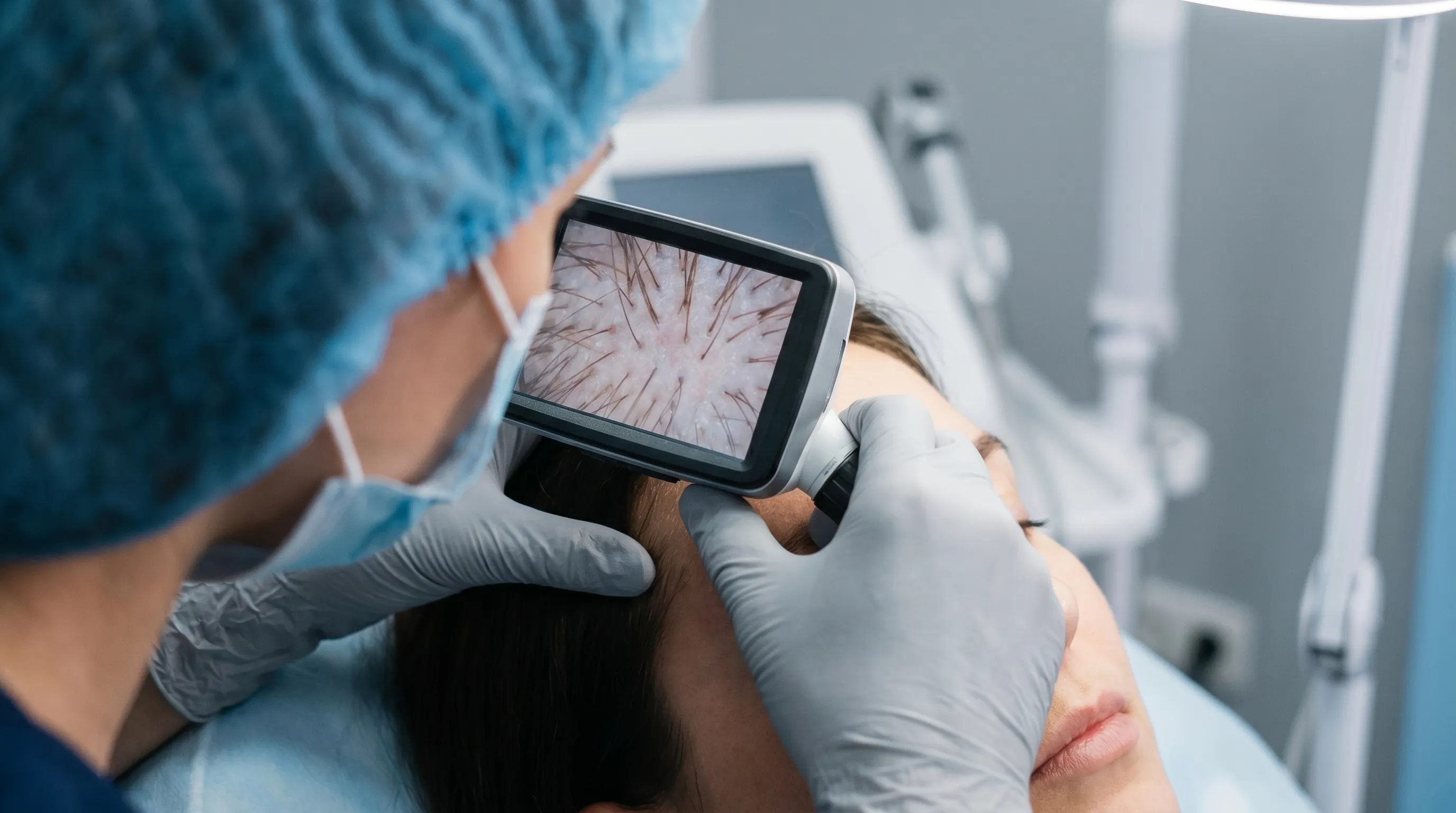 Close-up dermatological examination showing hair follicle structure and skin layers under clinical magnification