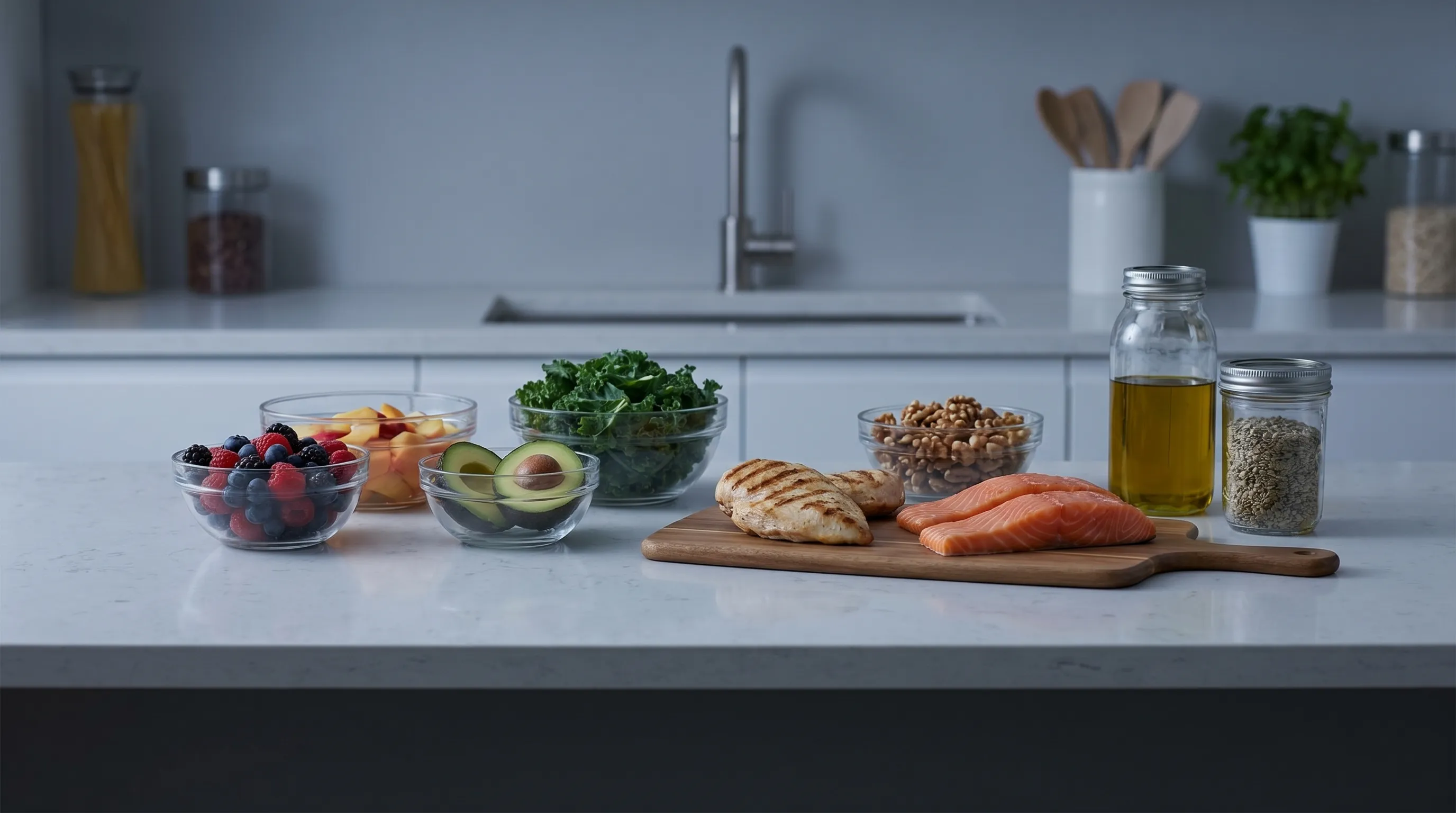 A modern kitchen counter displaying a variety of whole foods including leafy greens, lean proteins, and healthy fats arranged in soft gray and blue lighting