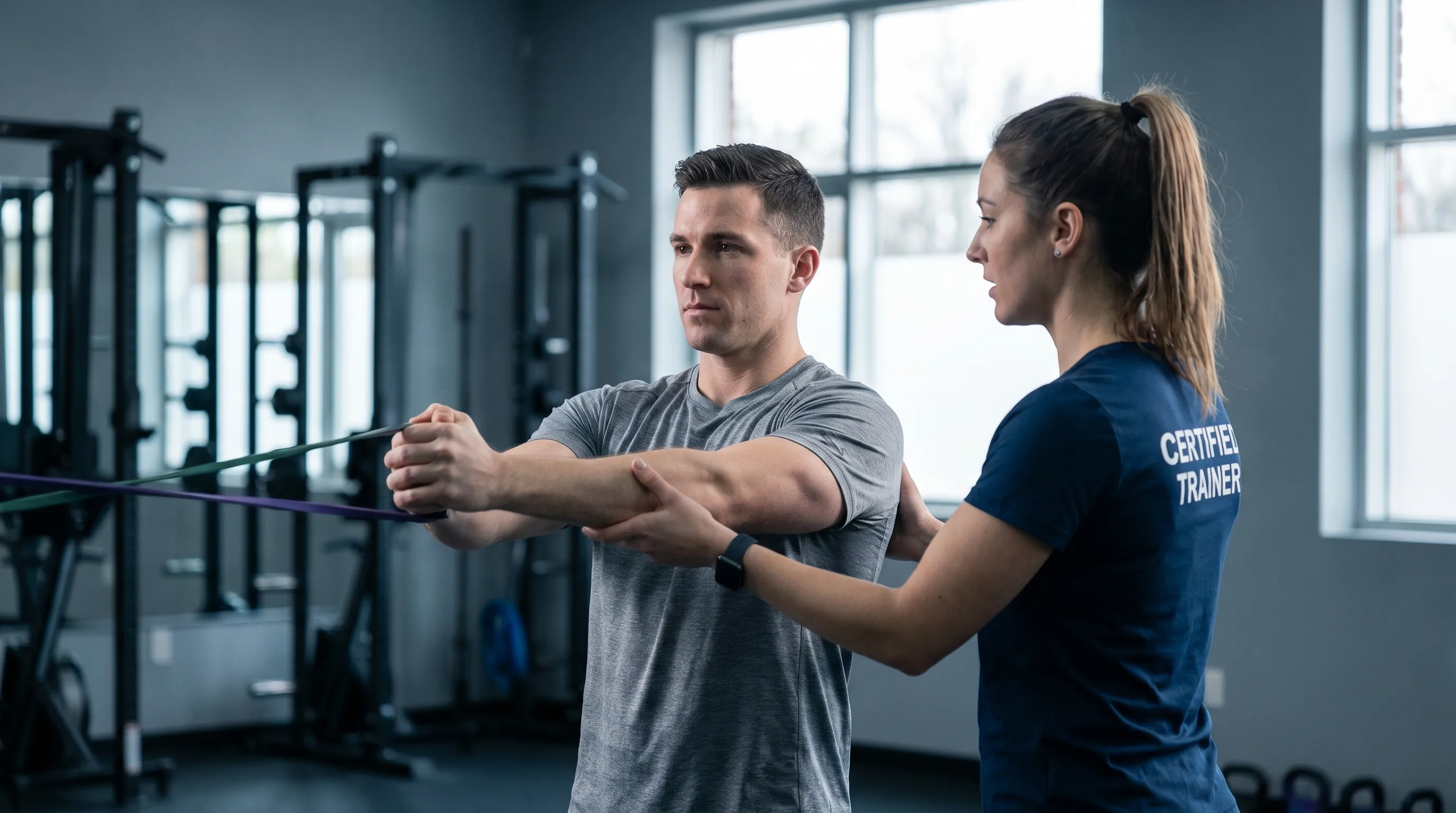 A fitness studio environment showing a male individual performing resistance band chest exercises with a certified trainer guiding proper form
