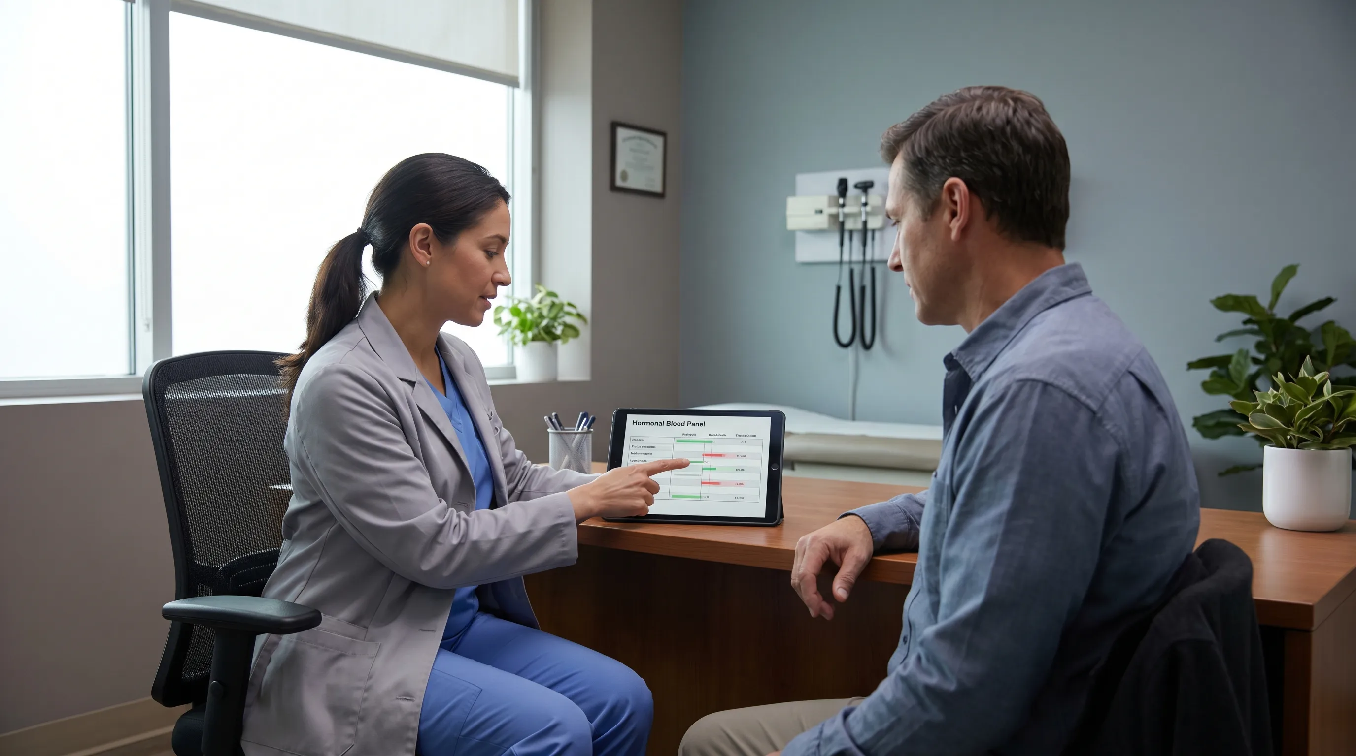 A clinical consultation setting where a doctor is explaining a hormonal blood panel to a male patient in soft natural window light